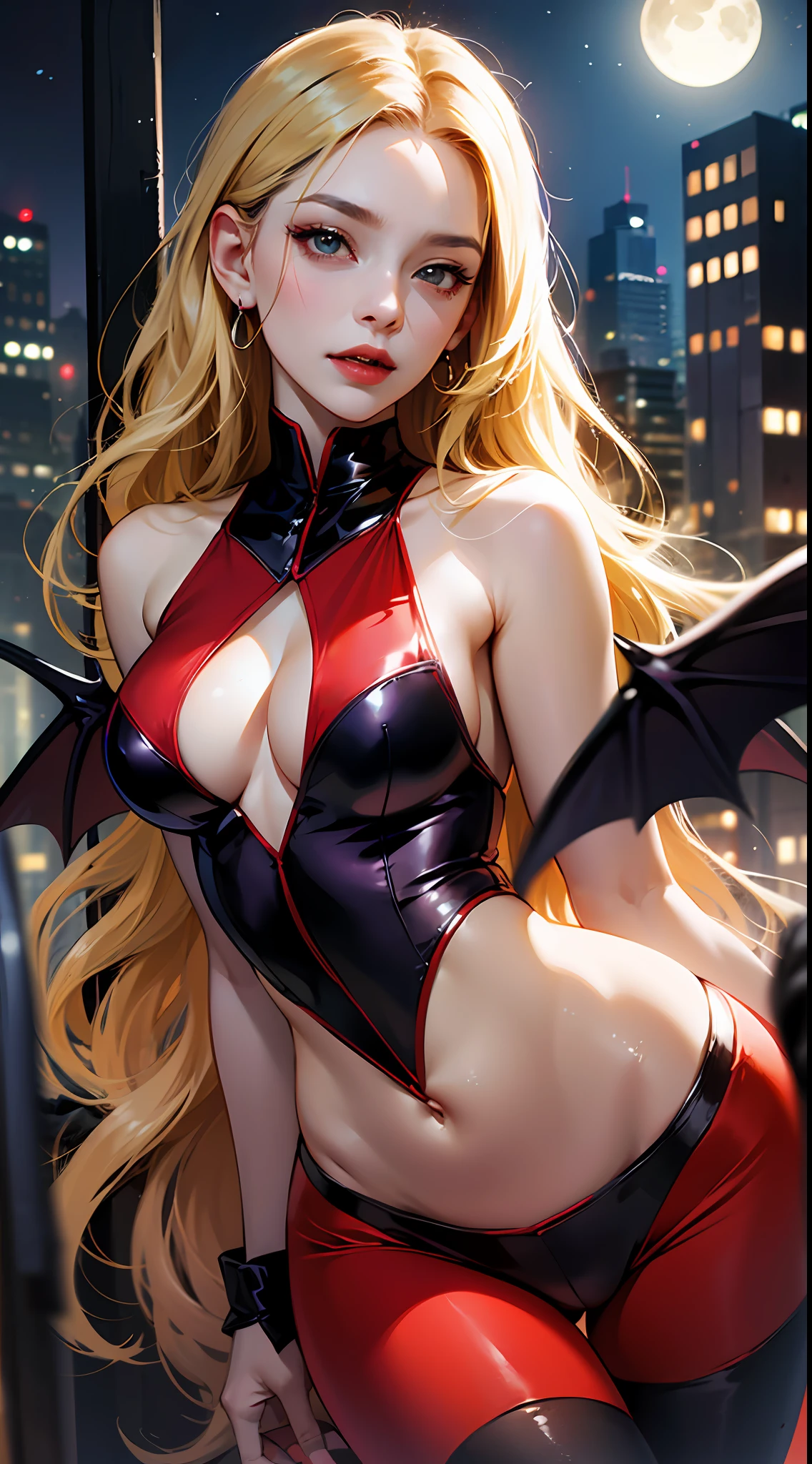 Seductive Red Rogue」Sensual vampire in short red clothes、tights、Staring at the viewer、Flowing blonde hair、menacing gaze、Sparkling vampire fangs、Stain her pale face、Large, Sharp claws are ready to pounce、In a dark vision of the city at night