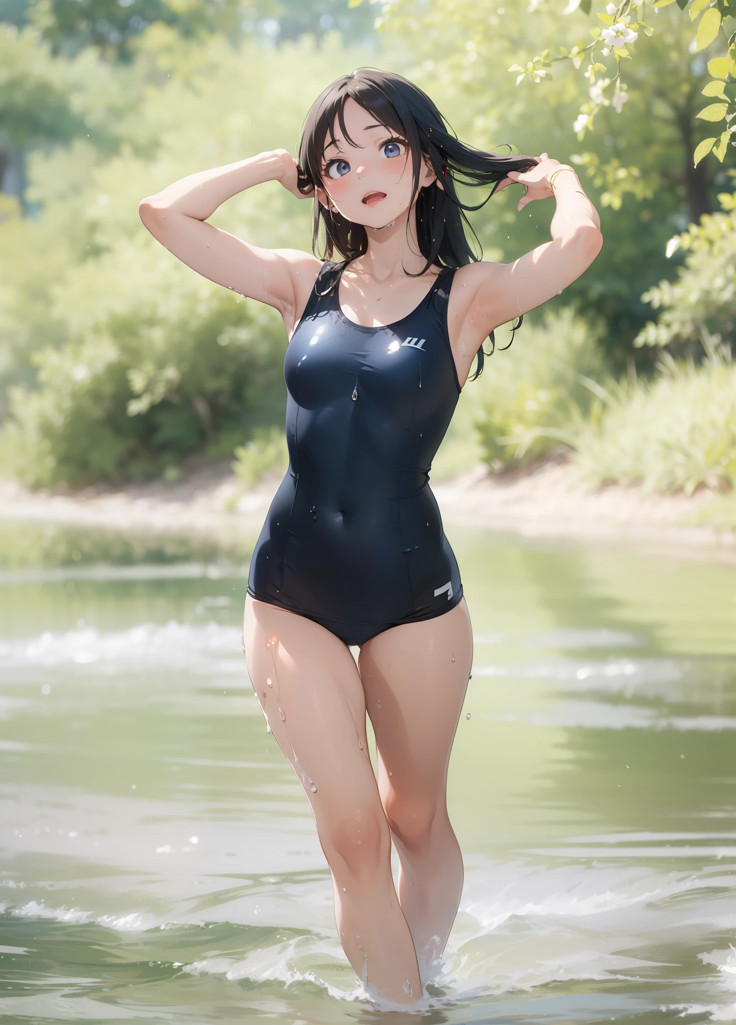 ((top-quality))、((​masterpiece))、1girl in、Formal-up、beautiful detailed eyes and face、pretty skin、Realistic、a very cute、22year old、School swim wear(Dark blue color、Simple design、Matte texture、Wrinkle、Wet、Polyester material、shadings、)Wet body、Anime Face、Beautie、Facing the front、big eye(Beautiful fece、Anime Face、Clear eyes、Fine details、beautidful eyes)Well-formed face(Beautiful nasal muscles、Perplexed、sharp mouth)full of sweat、sodden、Wet feeling、Background with(sunny sky、takeout)、8K picture quality、perfectly proportions、A slender、red blush、female focus on, hair adornments,length hair, Look at viewers,