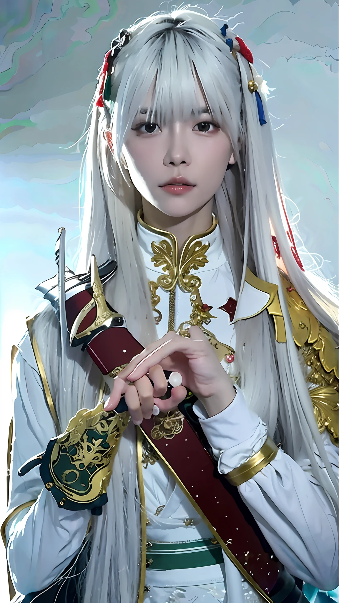 a close up of a person holding a sword in a , white haired deity, with long white hair, portrait knights of zodiac girl, white haired, with white long hair, white-haired, with index finger, delicate androgynous prince, beautiful androgynous prince, keqing from genshin impact, griffith, griffith from berserk, shiro from deadman wonderland, realistic, ultra detail