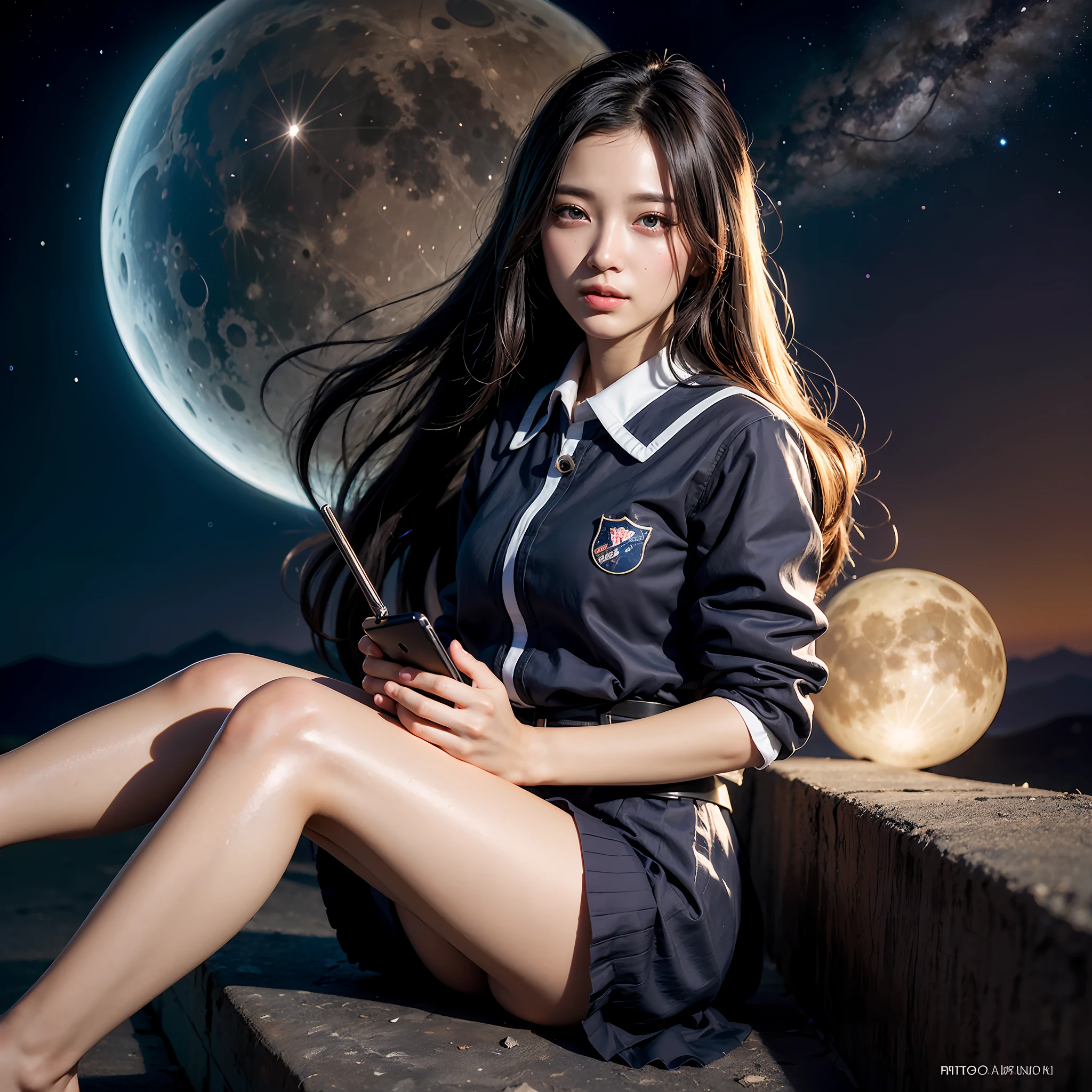 ((unparalleled masterpiece ever、best qualtiy、erfect artwork))、(realisitic, Photorealsitic:1.37)、kosmos、intergalactic、stele、planetes、milkyway、shooting stars、((Crescent of outer space))、((Girl sitting on the moon))、1girl in、17 age、japanes、cute little、((JK Uniform、serafuku))、((Floating hair))、Medium length、A smile、((open open mouth))、Look at viewers、((full body seen))、very detailed and professional lighting、photon maping、Radio City、physically-based renderingt、光线追踪、breath taking、astonishing、finely detail、unbelievable Ridiculous、huge filesize、ultra-detailliert、hight resolution、the Extremely Detailed CG Unity 8K Wallpapers、a beautiful detailed girl、extremely detailed eye and face、beatiful detailed eyes