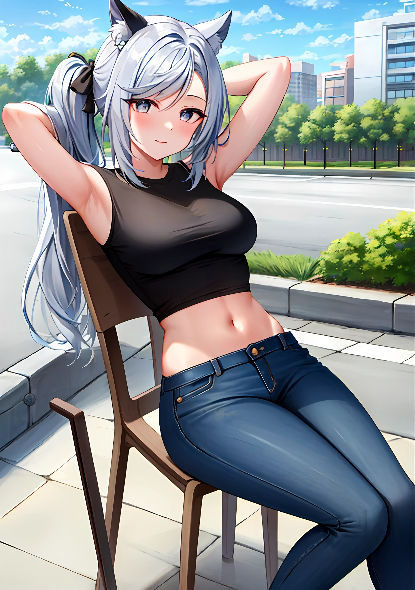 (masterpiece, best quality, ultra-detailed), Shenhe \(genshin impact\), (silver hair), cone hair bun, twin tails, long hair, swept bangs, braid, braided bangs, silver eyes, silver eyes,
(wearing a t-shirt:1.2), sitting on a chair outside of caf, embracing the natural beauty, sunlight, beautiful cloudy sky, city, street, denim shorts, black stocking,
medium breasts, thick thighs, critical angle, cowboy shot, arm behind head, arm behind back, armpits, light smile, crop top, strong and seductive expressions,,