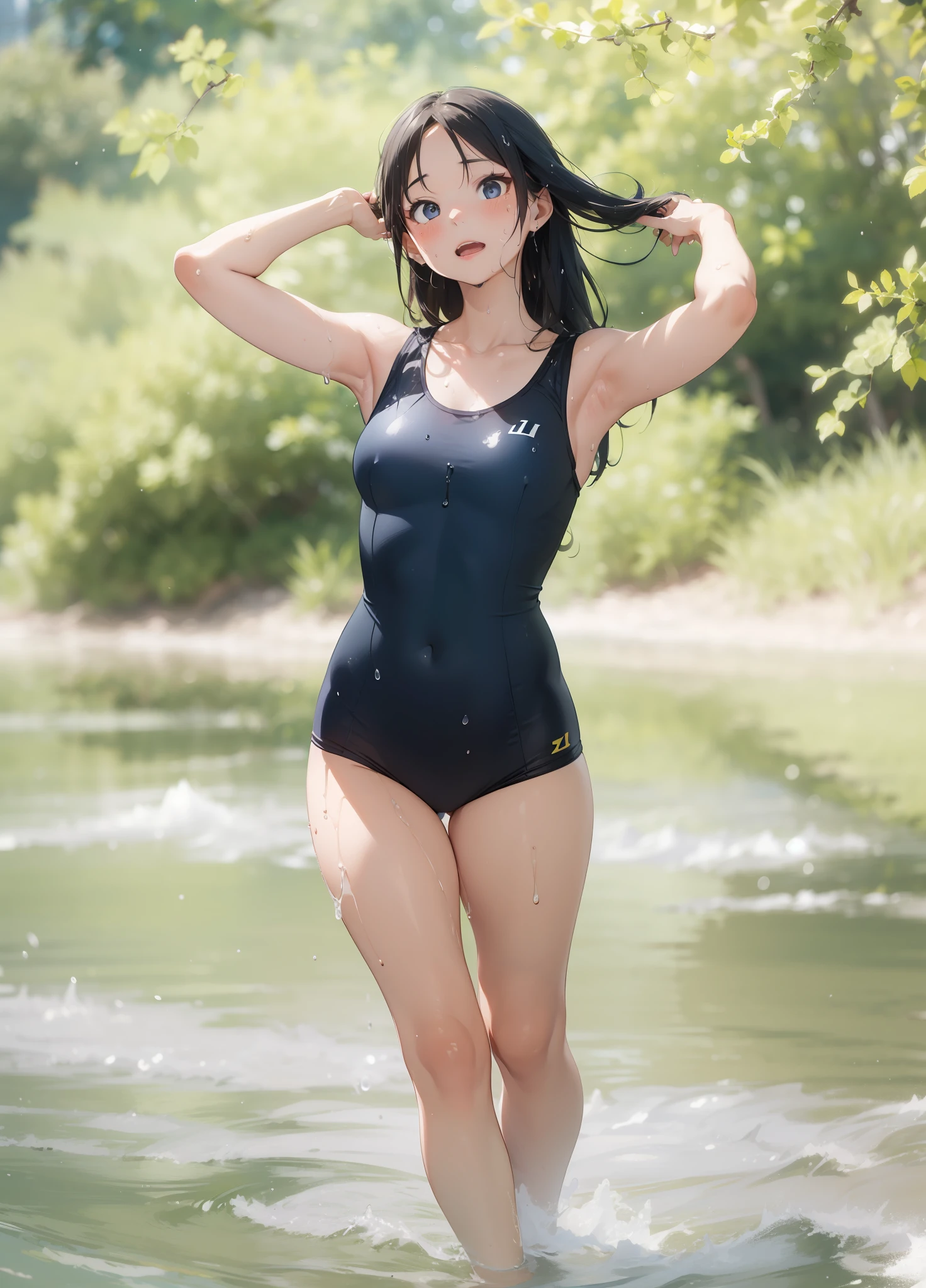((top-quality))、((​masterpiece))、1girl in、Formal-up、beautiful detailed eyes and face、pretty skin、Realistic、a very cute、22year old、School swim wear(Dark blue color、Simple design、Matte texture、Wrinkle、Wet、Polyester material、shadings、)Wet body、Anime Face、Beautie、Facing the front、big eye(Beautiful fece、Anime Face、Clear eyes、Fine details、beautidful eyes)Well-formed face(Beautiful nasal muscles、Perplexed、sharp mouth)full of sweat、sodden、Wet feeling、Background with(sunny sky、takeout)、8K picture quality、perfectly proportions、A slender、red blush、female focus on, hair adornments,length hair, Look at viewers,