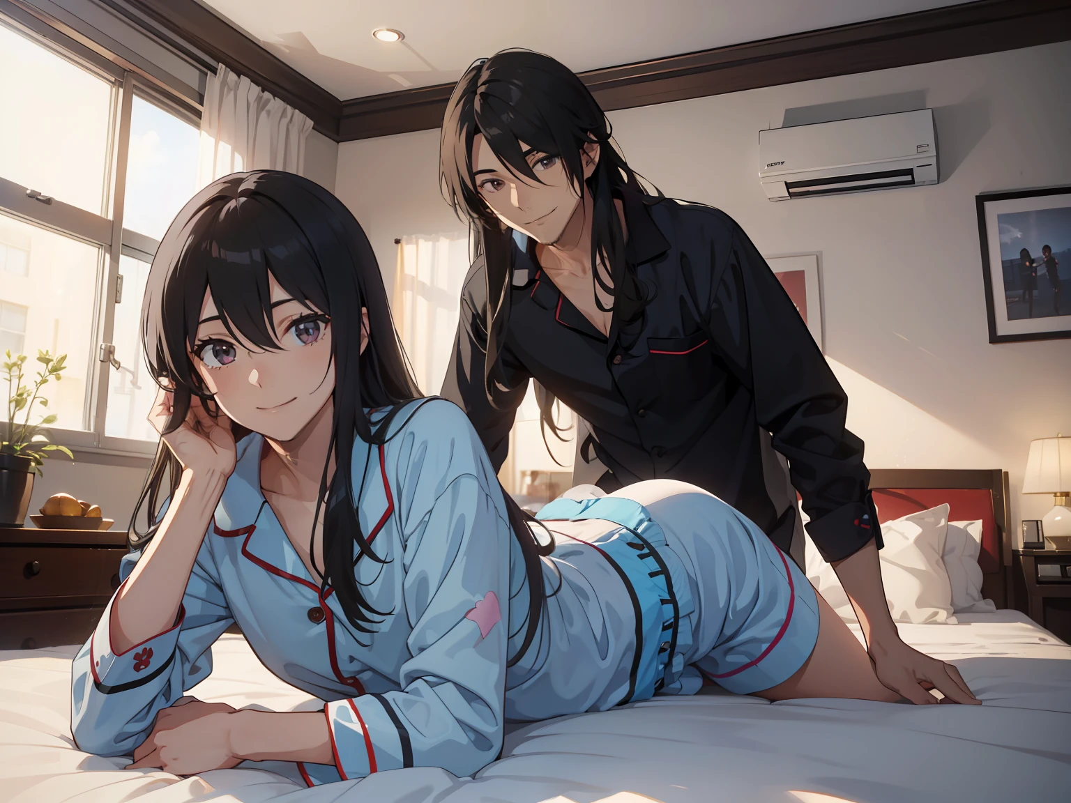 (The protagonist, A man, Young, Woman with long hair, Lying in room in sexy pajamas, Smiling and excitedly rubbing his beautiful and sexy girlfriend: 1.9)
(The male, Young: 1.9)
(girlfriend:1.8)
(Short black hair: 1.8)