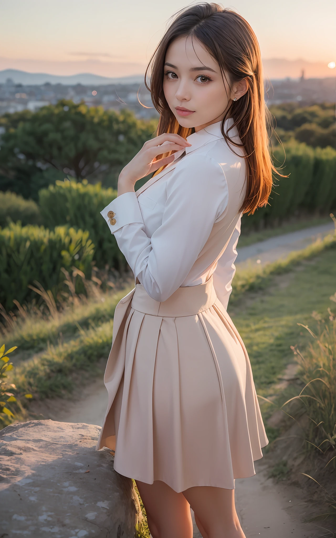 on a hill,a beauty girl,Evening glow,Skirt suit,Watching the sunset