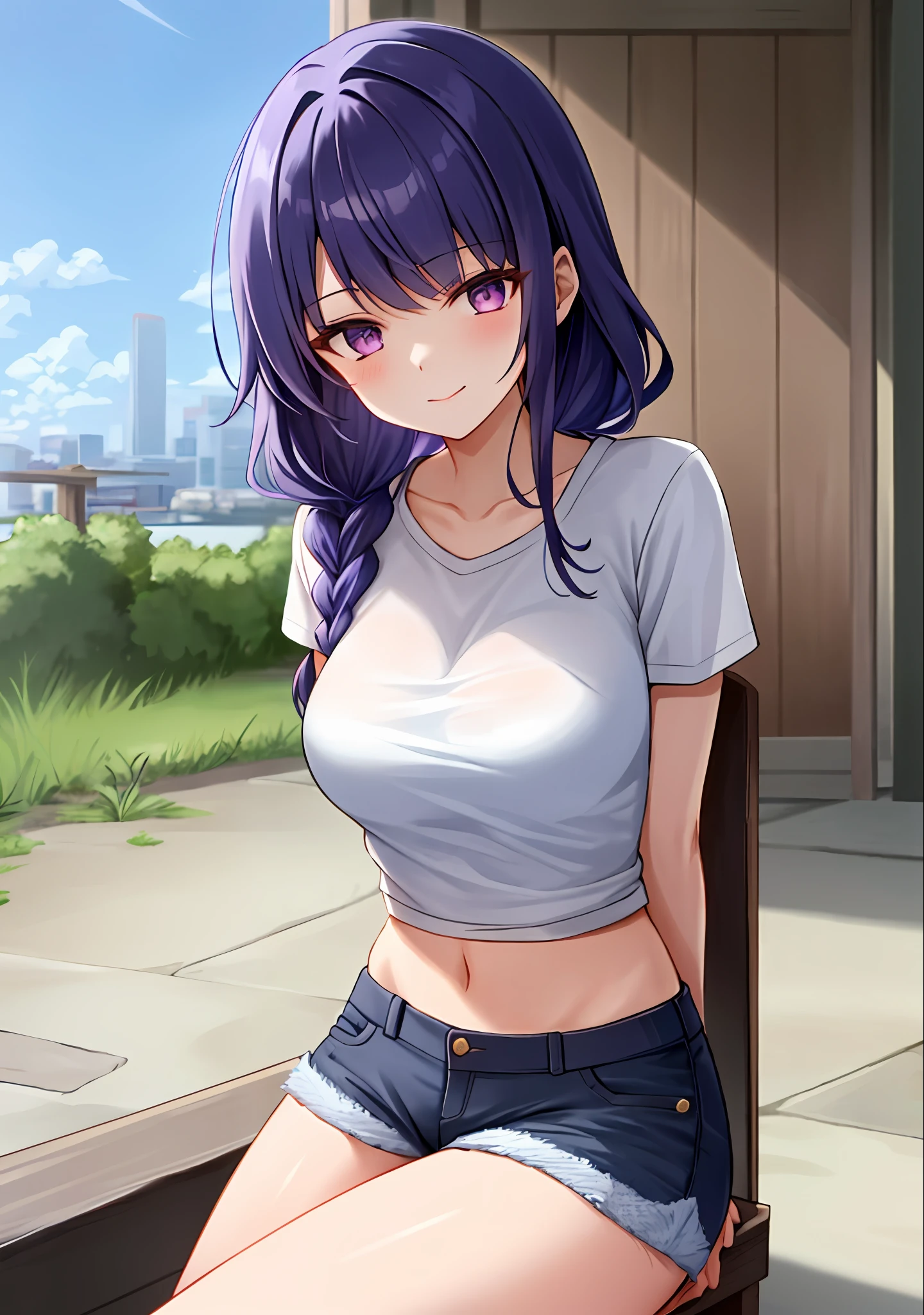 (masterpiece, best quality, ultra-detailed), Raiden shogun \(genshin impact\), (purple hair), cone hair bun, twin tails, long hair, swept bangs, braid, braided bangs, purple eyes, pink eyes,
(wearing a t-shirt:1.2), sitting on a chair outside of caf, embracing the natural beauty, sunlight, beautiful cloudy sky, city, street, denim shorts, black stocking,
medium breasts, thick thighs, critical angle, cowboy shot, arm behind head, arm behind back, armpits, light smile, crop top, strong and seductive expressions,,