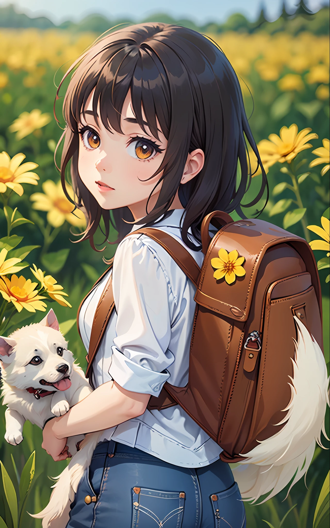 A very charming girl with a backpack and her cute border collie puppy enjoying a lovely spring outing surrounded by beautiful yellow flowers and nature. The illustration is a high-definition illustration in 4K resolution with highly detailed facial features and cartoon-style visuals.