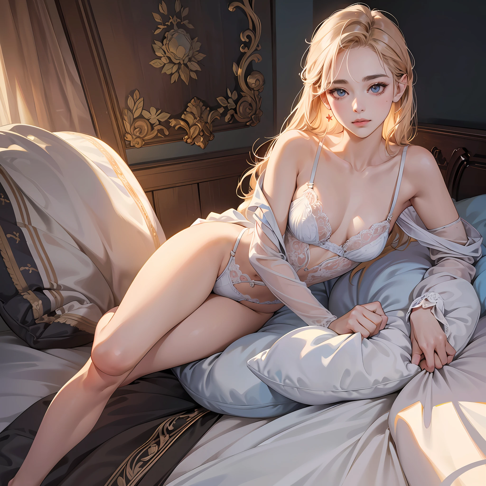 (masterpiece), (high quality), (8k resolution), (RAW photo), (best quality), (masterpiece:1.5), (realistic:1.5), ((photo realistic)), vibrant details, hyper realistic,1girl, (cute:1.2), beautiful, high-quality and detailed face, perfect face, rosy cheeks, detailed eyes, colorful eyes,(watery eyes), slim body, looking at viewer, closed mouth, real human skin, shiny skin, mid breasts, sitting, bed, loose lingerie, sexy pose, sexy, alluring, sexy posture, small hip, nsfw, bloody --auto