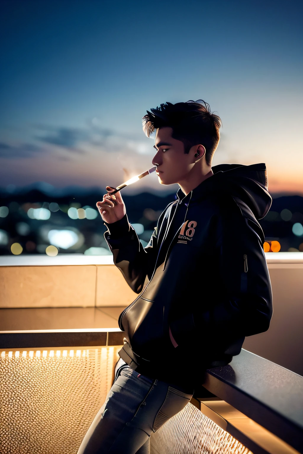A university student smokes a cigarette in the moon and watches the planet Earth (8k, photo RAW, beste-Qualit, master piece: 1.2), (Realstic, photo-realistic: 1.37),(mise au point nette: 1.2) beste-Qualit: 1.4),(peau brillante),
