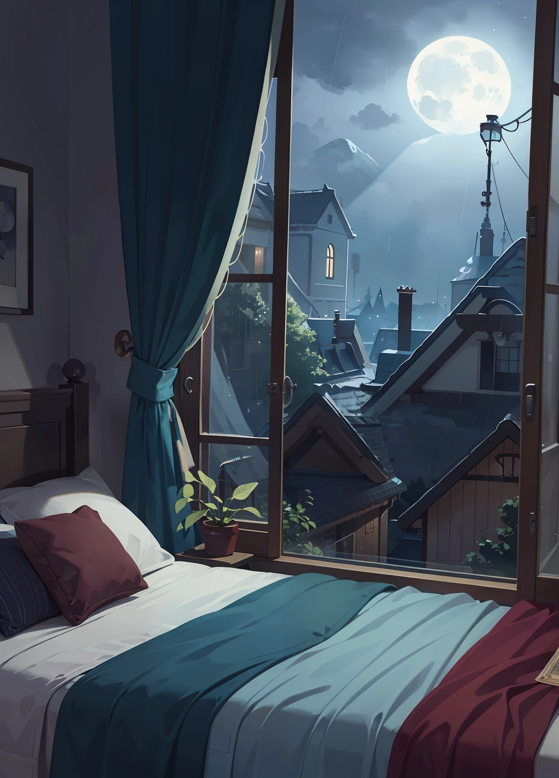 A bedroom window with night sky, full moon and raining in the sky illustration (illustration 8k), (Best quality) (Intricate details) (8K) (night sky)