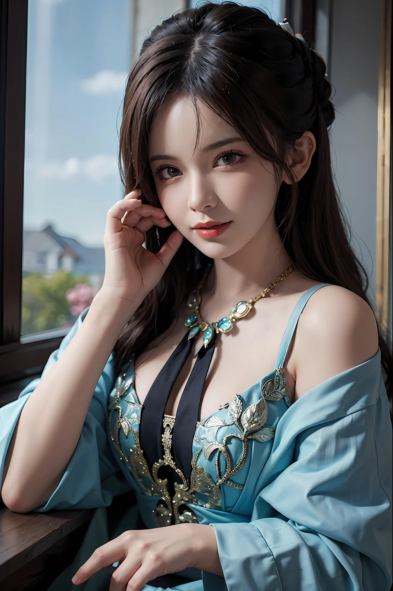 Surrealist portraits of women by David Hockney and Alphonse Mucha，Fantasyart，photographrealistic，动态照明，art  stations，Volumetriclighting，Very detailed faces，4 k''，1girll，In the temple of Guanyin，jubilation，Hilariously，faeries,(formal outfit:1.4),long whitr hair,whaite hair,Temple，jubilation