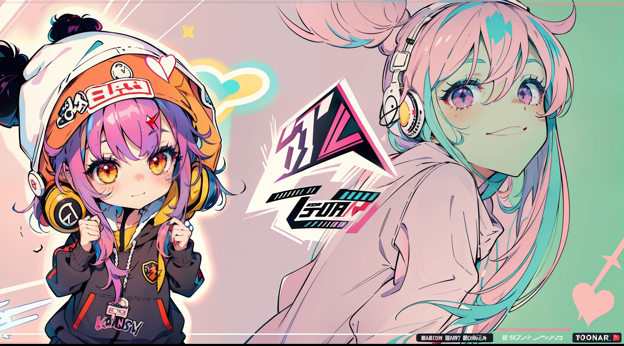 1girl, teddy bear, baseball cap, hat, solo, stuffed animal, stuffed toy, smile, long hair, hood down, jacket, hood, headphones, closed mouth, purple hair, long sleeves, fingernails, nail polish, sleeves past wrists, looking at viewer, multicolored eyes, bangs, hooded jacket, yellow nails, red jacket, multicolored nails, hair ornament, object hug, blush, red nails, white headwear, upper body, purple eyes, claw pose, heart, black headwear, hand up, bow, hoodie, hairclip, nail art, button badge, very long hair, hair between eyes, orange nails, puffy long sleeves, puffy sleeves, black bow, badge, holding, drawstring, red eyes, pink nails, star (symbol), multicolored hair, blue nails, holding stuffed toy, lightning bolt symbol, colorful, looking to the side