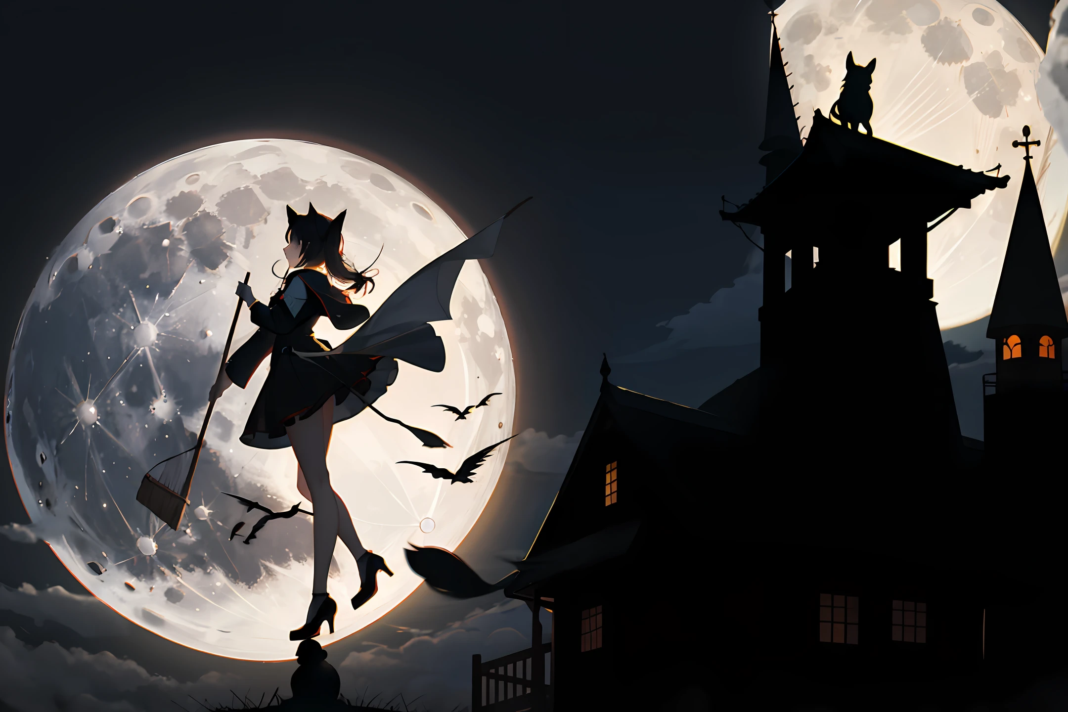 Silhouette of a witch, naughty girl, flies on a broomstick while standing on one leg, against the background of the moon, Black Cat, realistness, beautiody