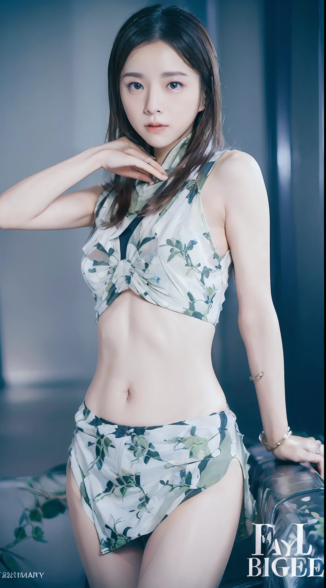 1 girl in(8K、Raw photography、top-quality、masterpiece:1.2)、(realisitic、realisitic:1.37)、ultra-detailliert、longshot、FULL BODYSHOT、recording studio、(((highleg)))、realistic eyes and face details、natural skin textures、(((thighs thighs thighs thighs、beauty legs、abdominals、a navel)))、Fair skin、A detailed face、真实感、Realistic background、Realistic lighting、sexypose、Sweaty skin