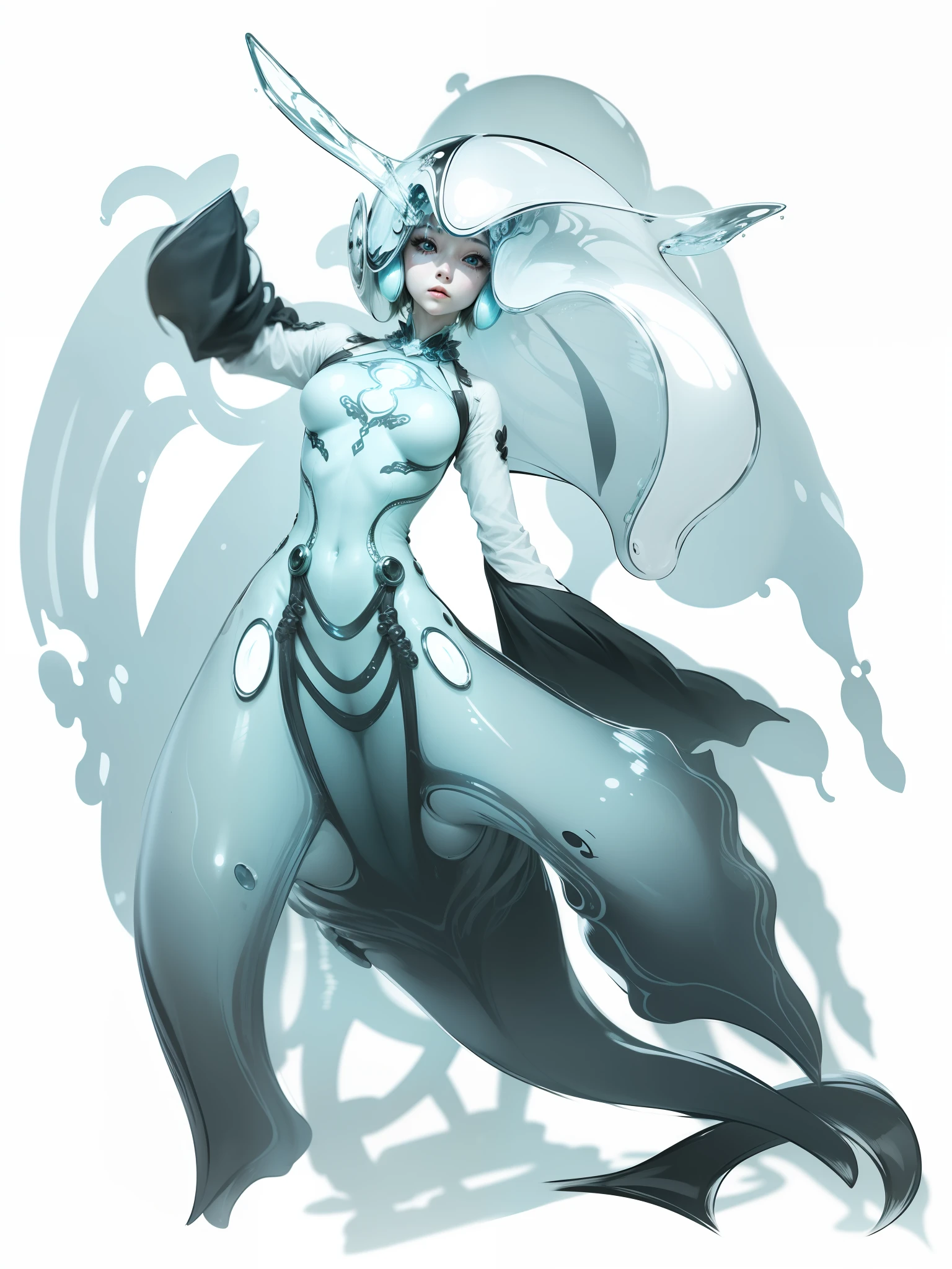Girl with a fusion of clione and jellyfish. slime body. The whole body is translucent like jelly. She was wearing a bodysuit and Do not show skin. Alien Eyes. Tentacles from her head. Body lines that look like you're wearing a dress. Her sleeves are too long Her tentacles stick out of her sleeves. Full face helmet made of jellyfish、It covers her eyes, however、On her head is a shining crystal. Her chest glows. Robot-like eyes。