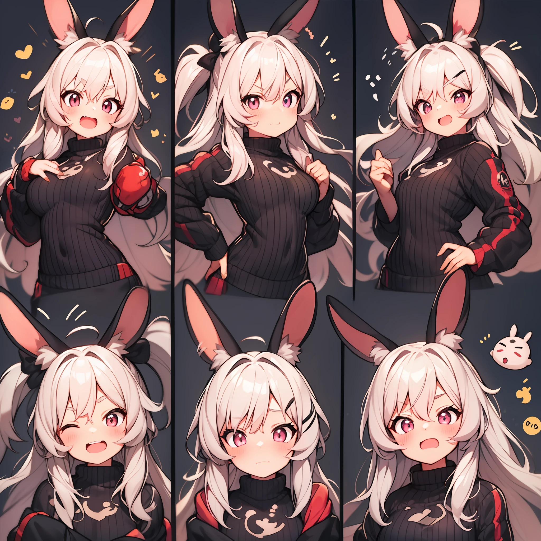 cute female child,A pink-haired,Bunny ears,Emoji pack,9 emojis,emoji sheet of,multiple postures and expressions,anthropomorphic styles,Disney style,Black strokes,Different emotions,multiple postures and expressions