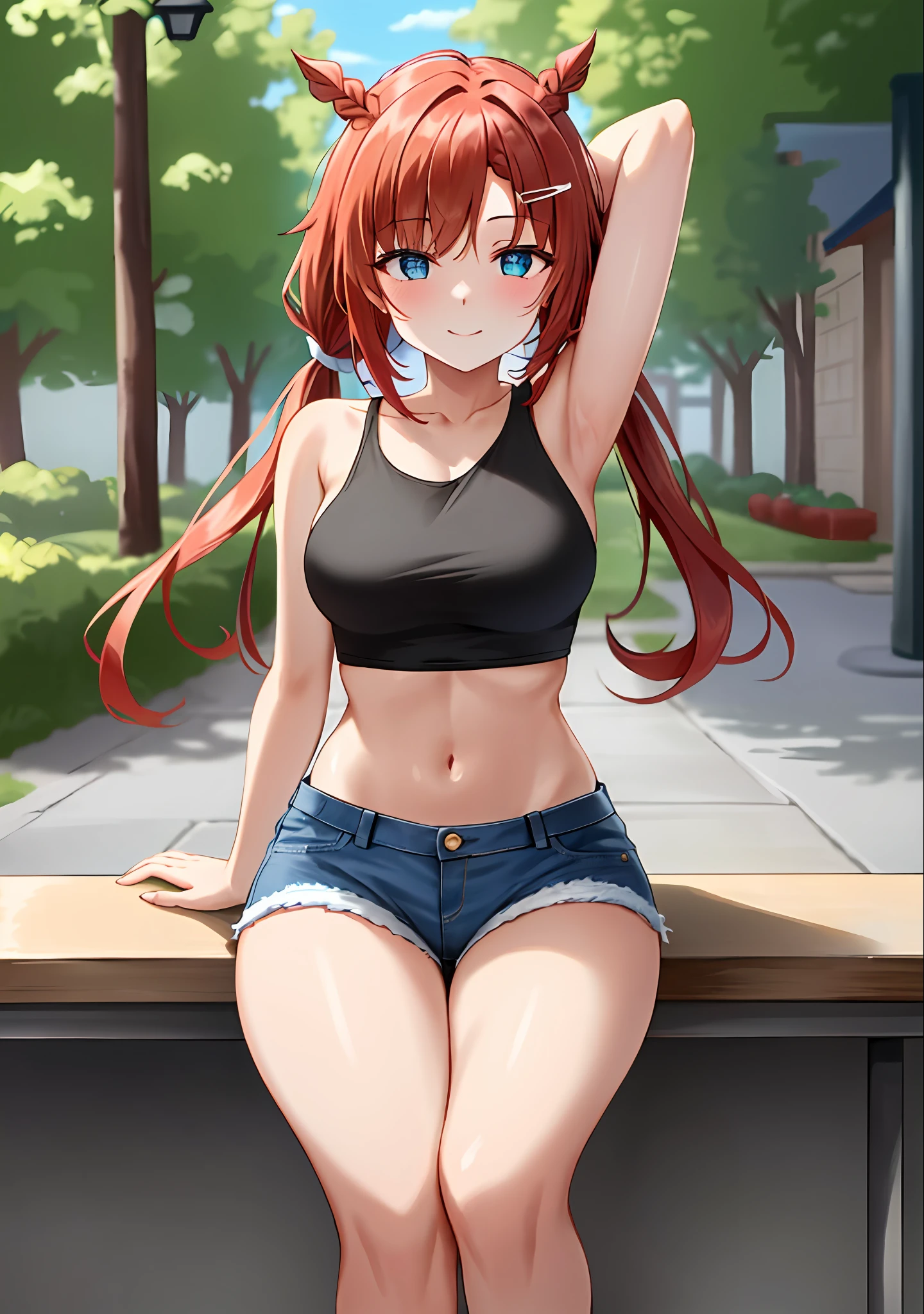 (masterpiece, best quality, ultra-detailed), nilou \(genshin impact\), (red hair), cone hair bun, twin tails, long hair, swept bangs, braid, braided bangs, blue eyes, blue eyes,
(wearing a t-shirt:1.2), sitting on a chair outside of caf, embracing the natural beauty, sunlight, beautiful cloudy sky, city, street, denim shorts, black stocking,
medium breasts, thick thighs, critical angle, cowboy shot, arm behind head, arm behind back, armpits, light smile, crop top, strong and seductive expressions,,