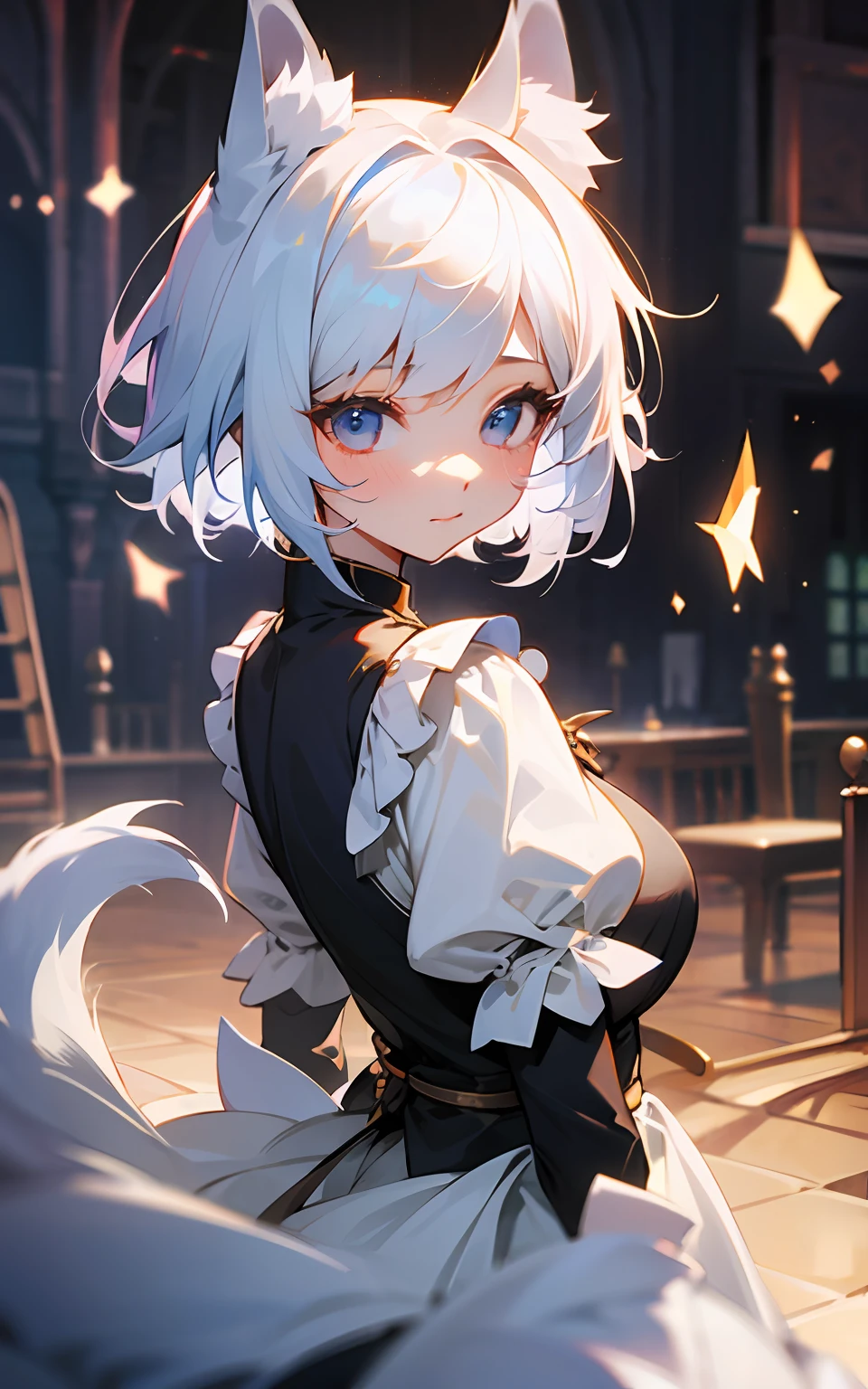 top-quality、hight resolution、detaileds、Beautiful girl with wolf ears and tail、Light, easy-to-move、a castle yard、beautiful  Girl、white short-haired、
