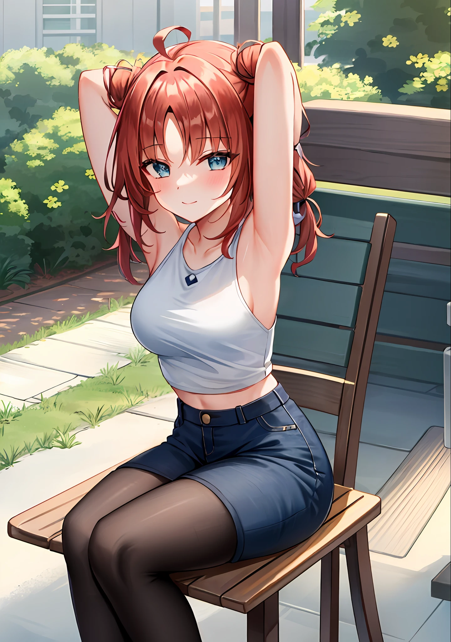 (masterpiece, best quality, ultra-detailed), nilou \(genshin impact\), (red hair), cone hair bun, twin tails, long hair, swept bangs, braid, braided bangs, blue eyes, blue eyes,
(wearing a t-shirt:1.2), sitting on a chair outside of caf, embracing the natural beauty, sunlight, beautiful cloudy sky, city, street, denim shorts, black stocking,
medium breasts, thick thighs, critical angle, cowboy shot, arm behind head, arm behind back, armpits, light smile, crop top, strong and seductive expressions,,