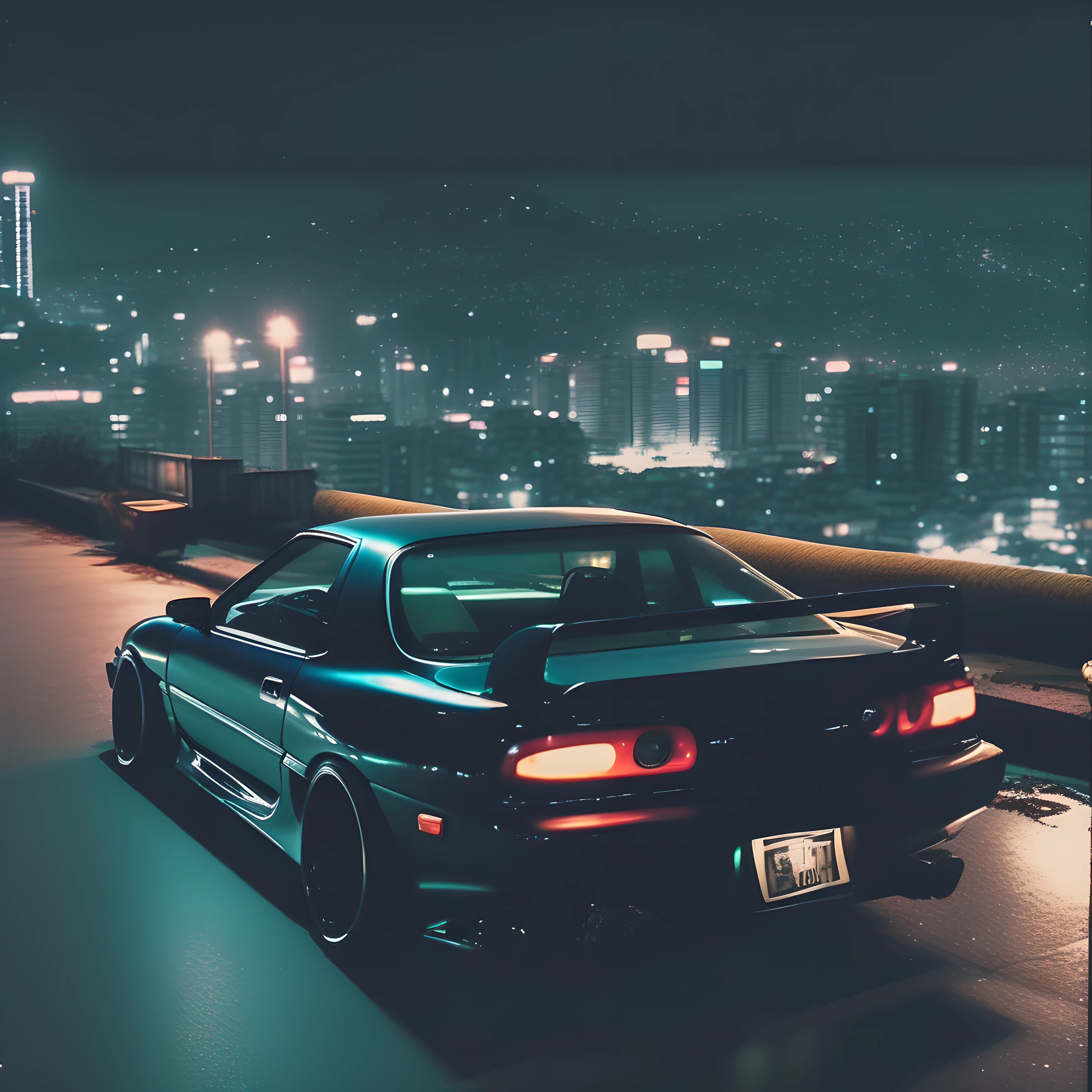 (1990s VHS style:1.2, caught on camera, illegal car meet, somewhere in Asia, mountains, gritty, dark color,LUT filter), major city , night , resto mod , retro futuristic , mildly modern , midnight , cars are 90's inspired , skyline , supra , rx7 , custom , modified .