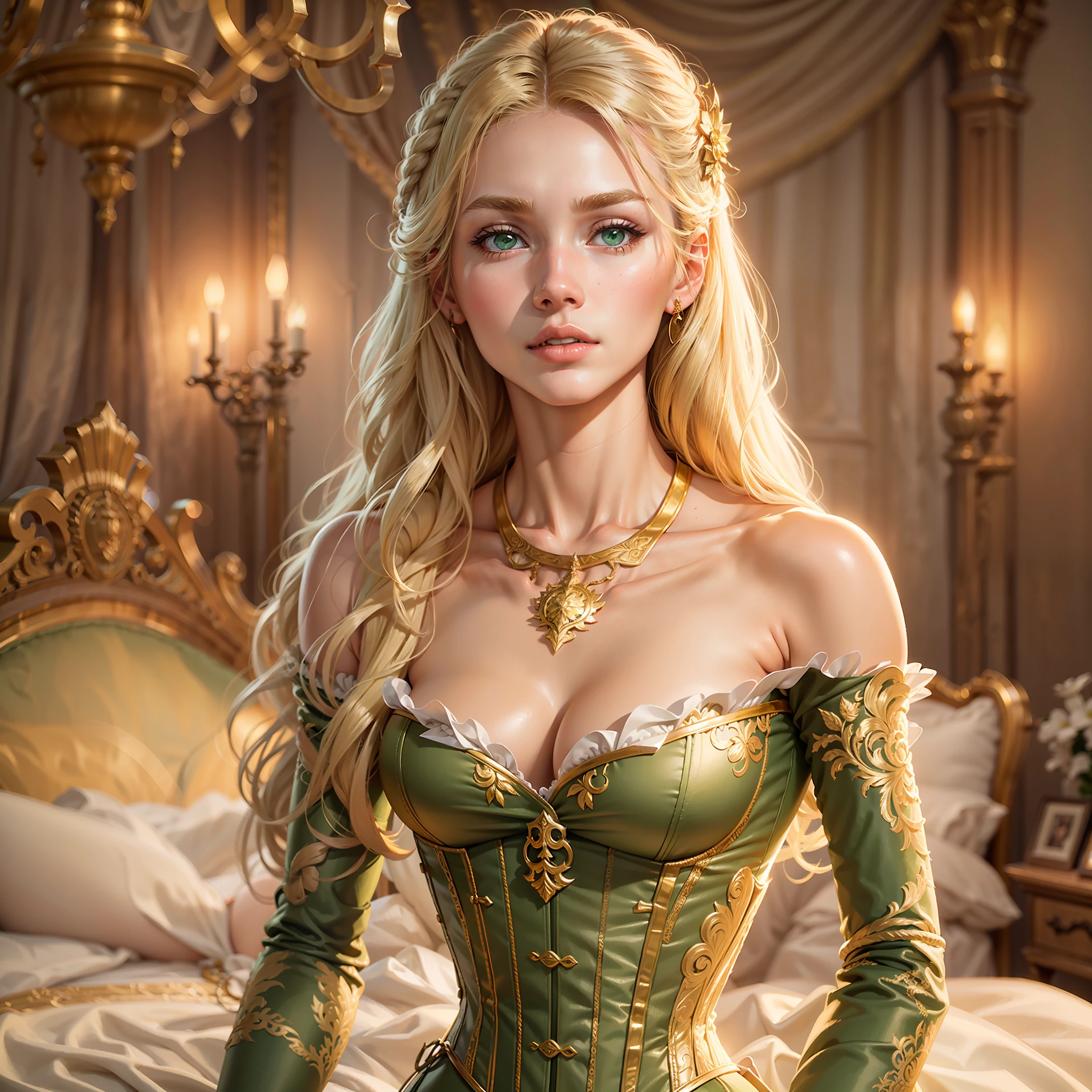 young girl, (20years old), Tall stature, athletic build, White Skin Skin, European noble face, blond hair, Green eyes, Straight nose, Big nose, pronounced cheekbones, Thin neck, noble clothes, gold dress with corset, Inside the ornate bedroom, standingn.