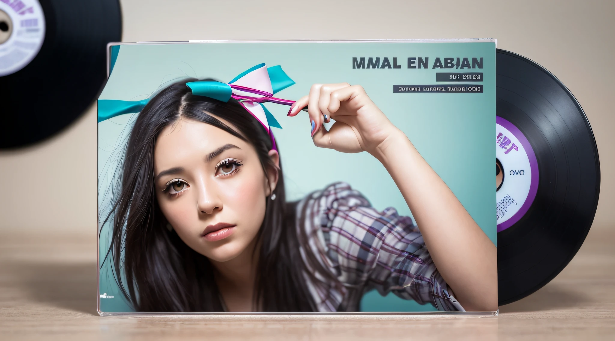 a close up of a cd with a picture of a girl with a bow on it, album cover!, new album cover, foto realista, music album cover, cd jacket, an album cover, maia sandu hyperrealistic, photorealistic music album cover, sofya emelenko, uploaded, digital artwork, cd cover artwork, photo shoot, cd, album cover