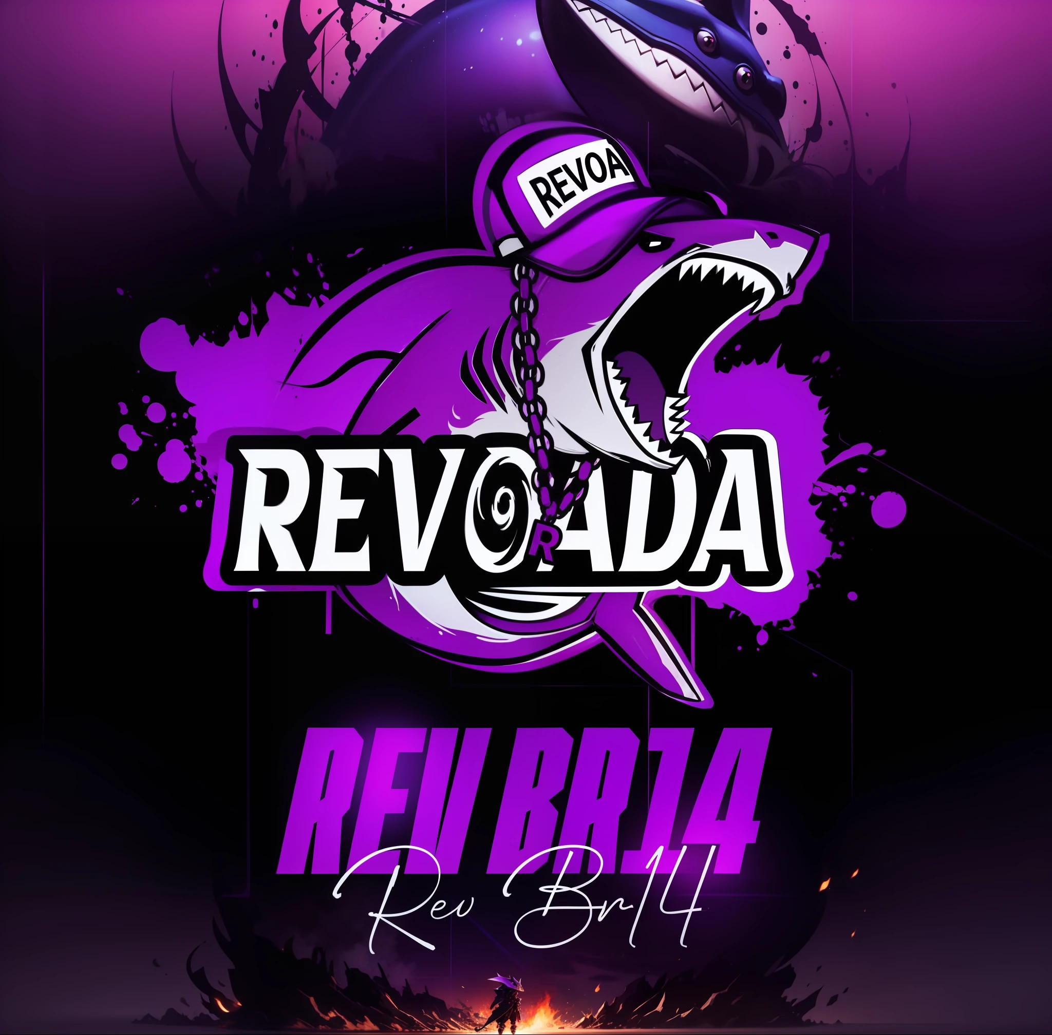 Violet flame around shark with a background full of masked characters
