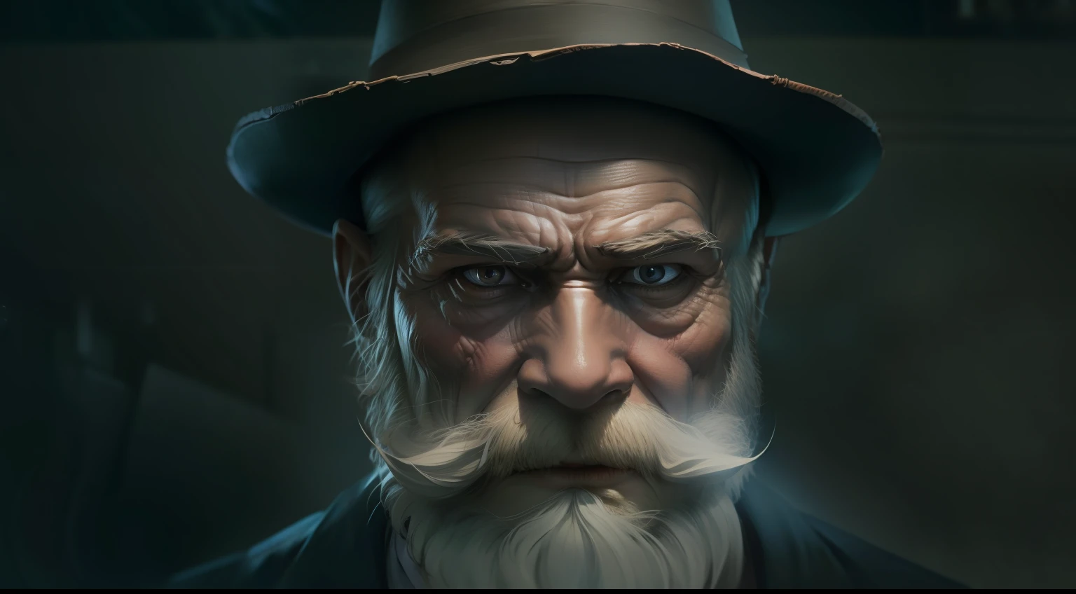 bearded old man in hat with serious expression, elegant, strong, dark scenery, realistic