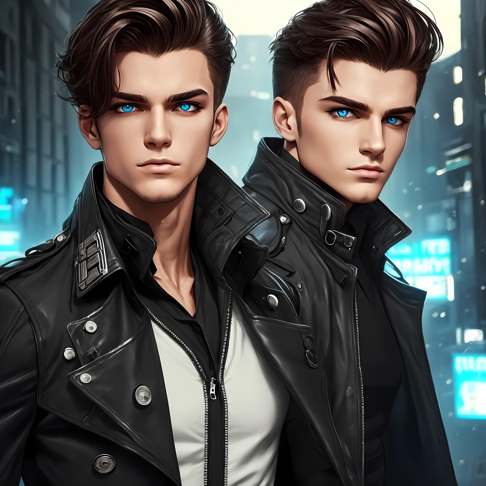 brunette color hair，Black trench coat，man，blueneyes，bust，cyber punk style --auto