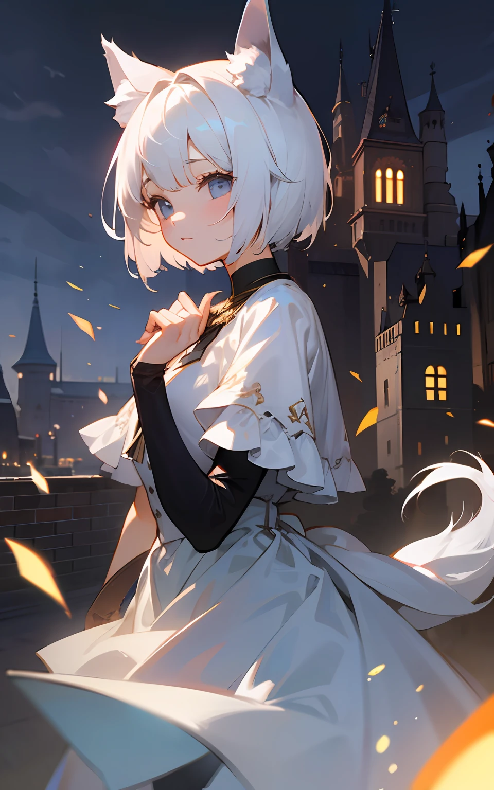 top-quality、hight resolution、detaileds、Beautiful girl with wolf ears and tail、Light, easy-to-move、a castle yard、beautiful  Girl、white short-haired、
