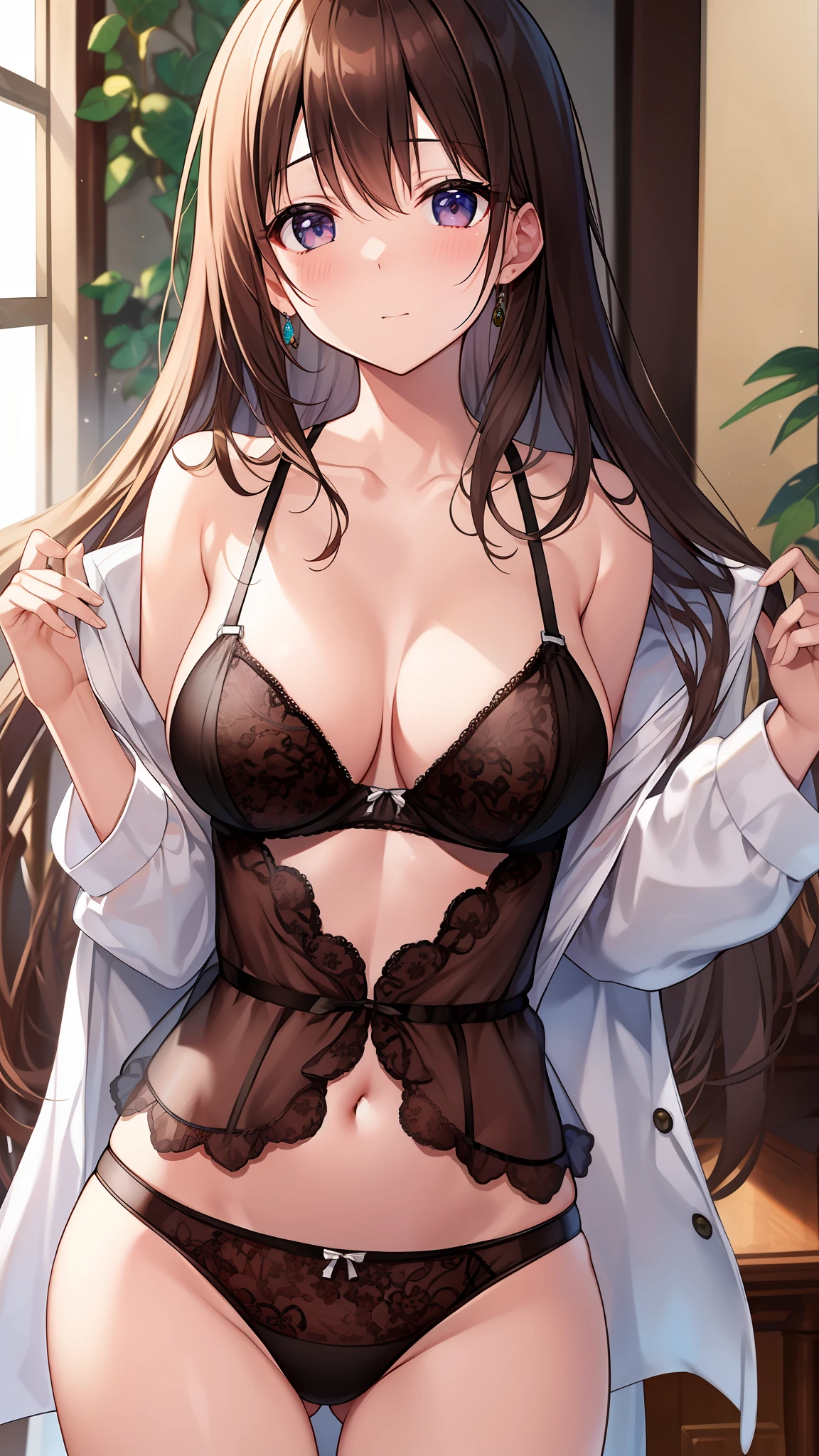 top-quality、Exquisite、in one's underwear only、Brown lingerie、Blushing and staring at me、