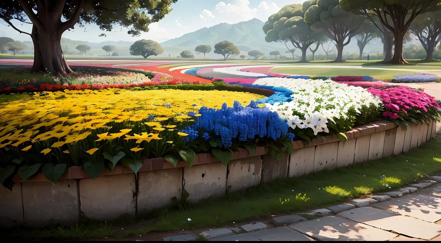 Um jardim com flores de todas as cores. The flowers are growing in harmony with each other, e criam uma paisagem deslumbrante. --auto