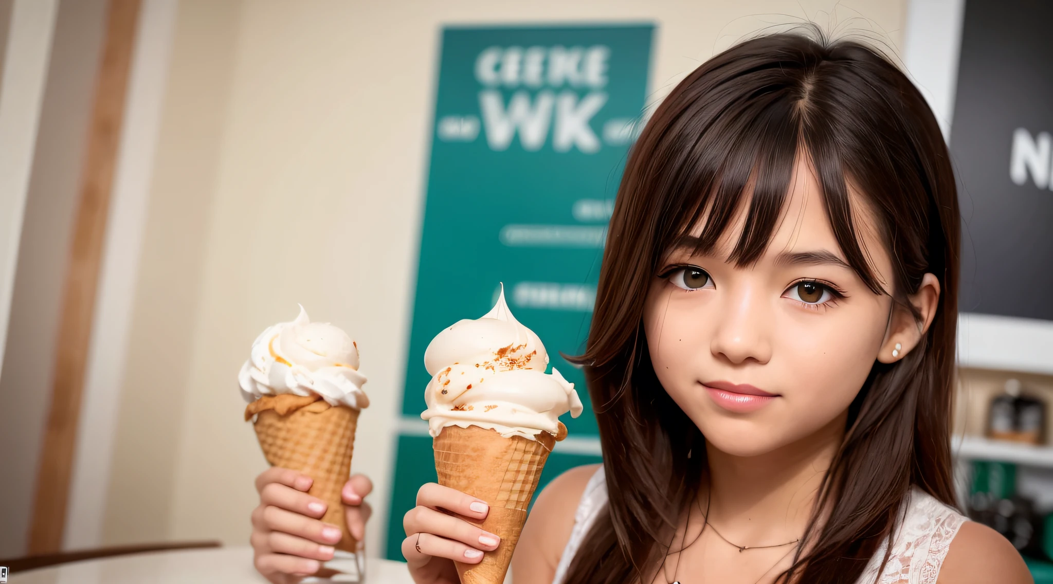 GIRL CHILD 10 YEARS OLD , loira com cabelo cacheado, three ice cream cones with different flavors of ice cream in them, casquinhas de sorvete, gelado, casquinha de sorvete, sorvete ao lado, montanhas de sorvete, comer sorvete - creme, comer sorvete, cone, Nascer, delicioso, 8k)), em forma de cone, detalhado