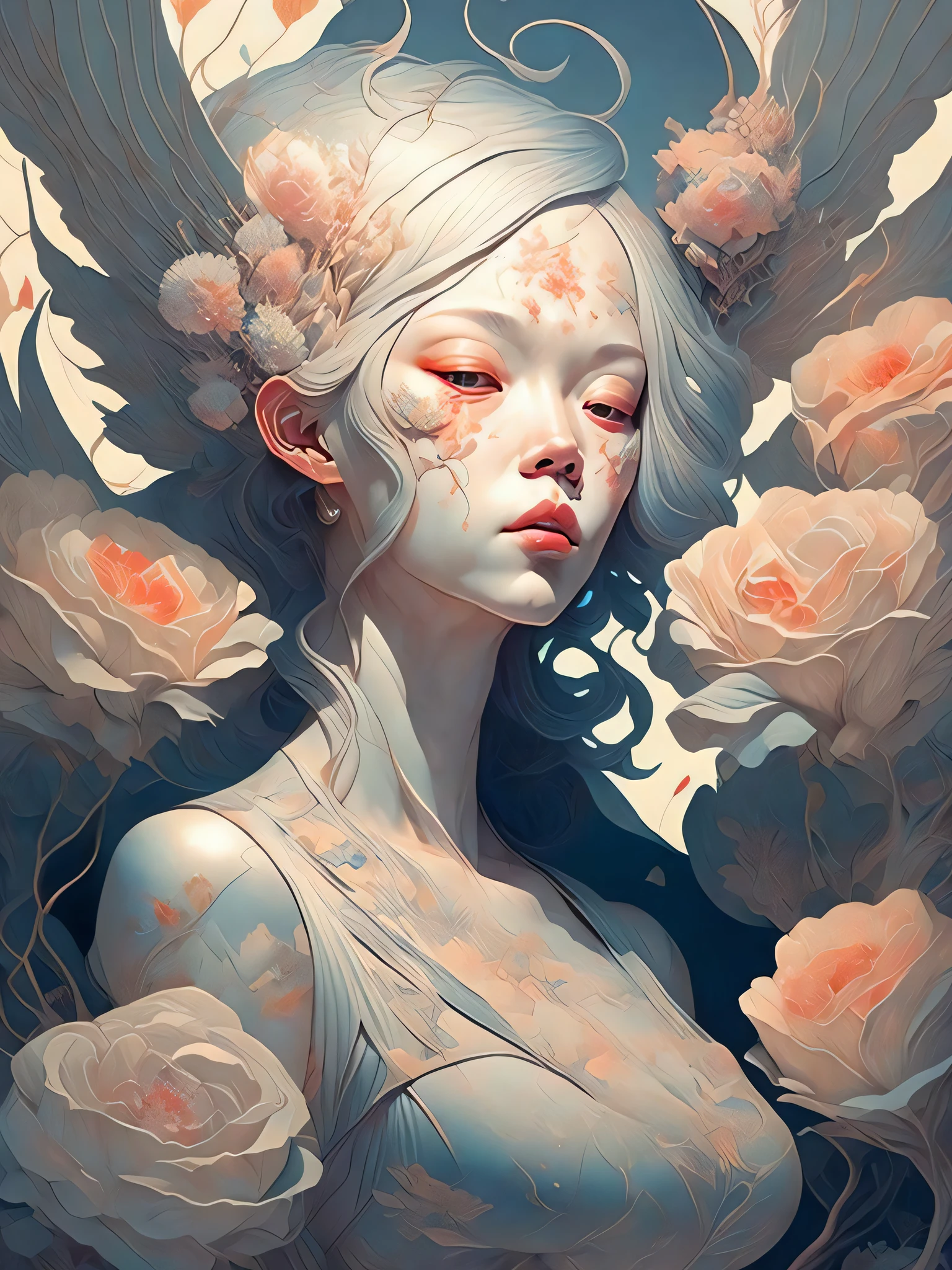a painting of a woman with white hair and blue wings and flowers on her head by James Jean