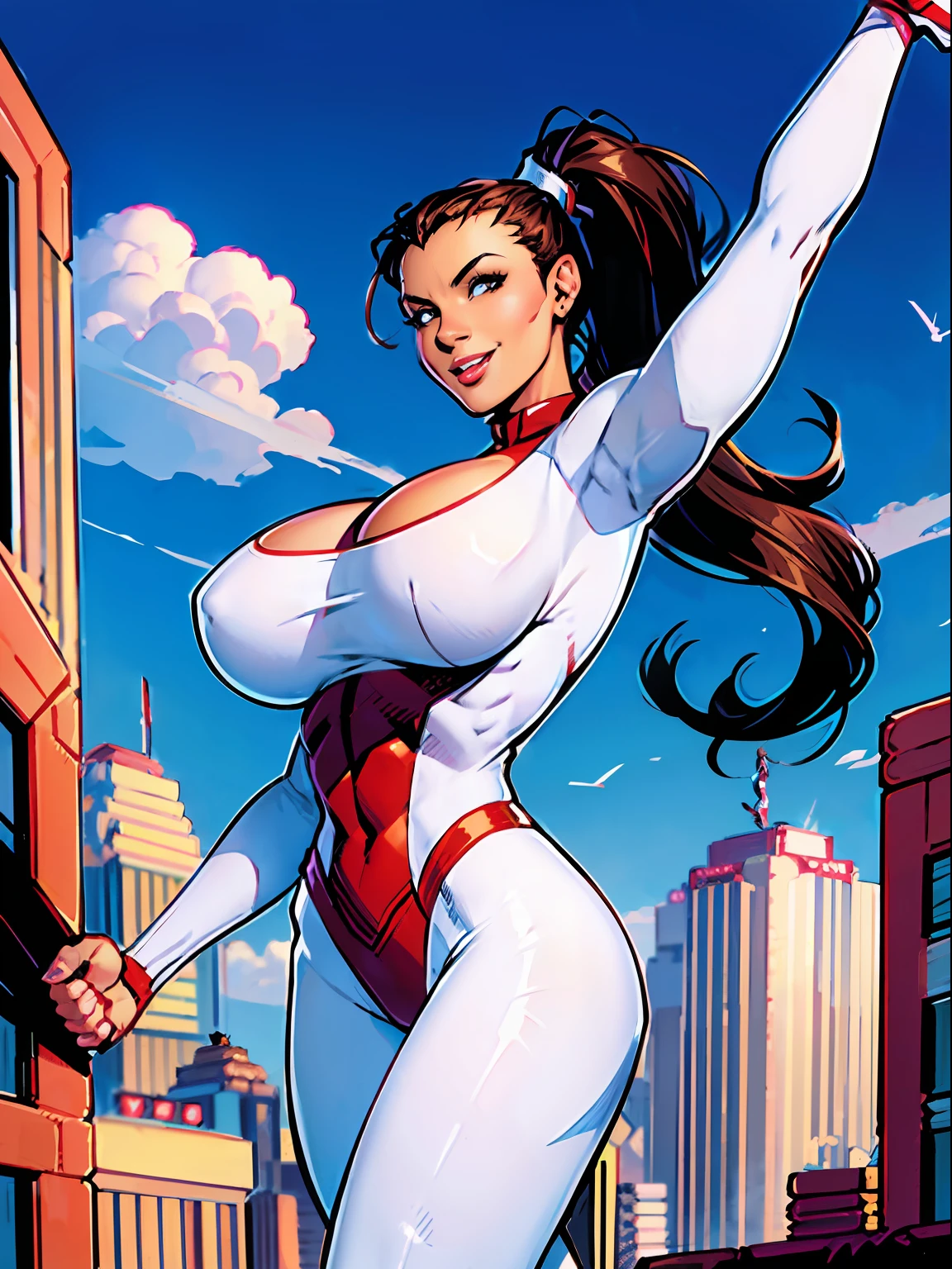 Stretcher comic book woman, happy, smiling, long hair, huge ponytail, athletic, toned, thin, womanly, rubbery, elastic woman, white and red spandex, rubber body, brunette, ((huge breasts)), city street, daytime, heroic, cheerful, boobsandwarlock