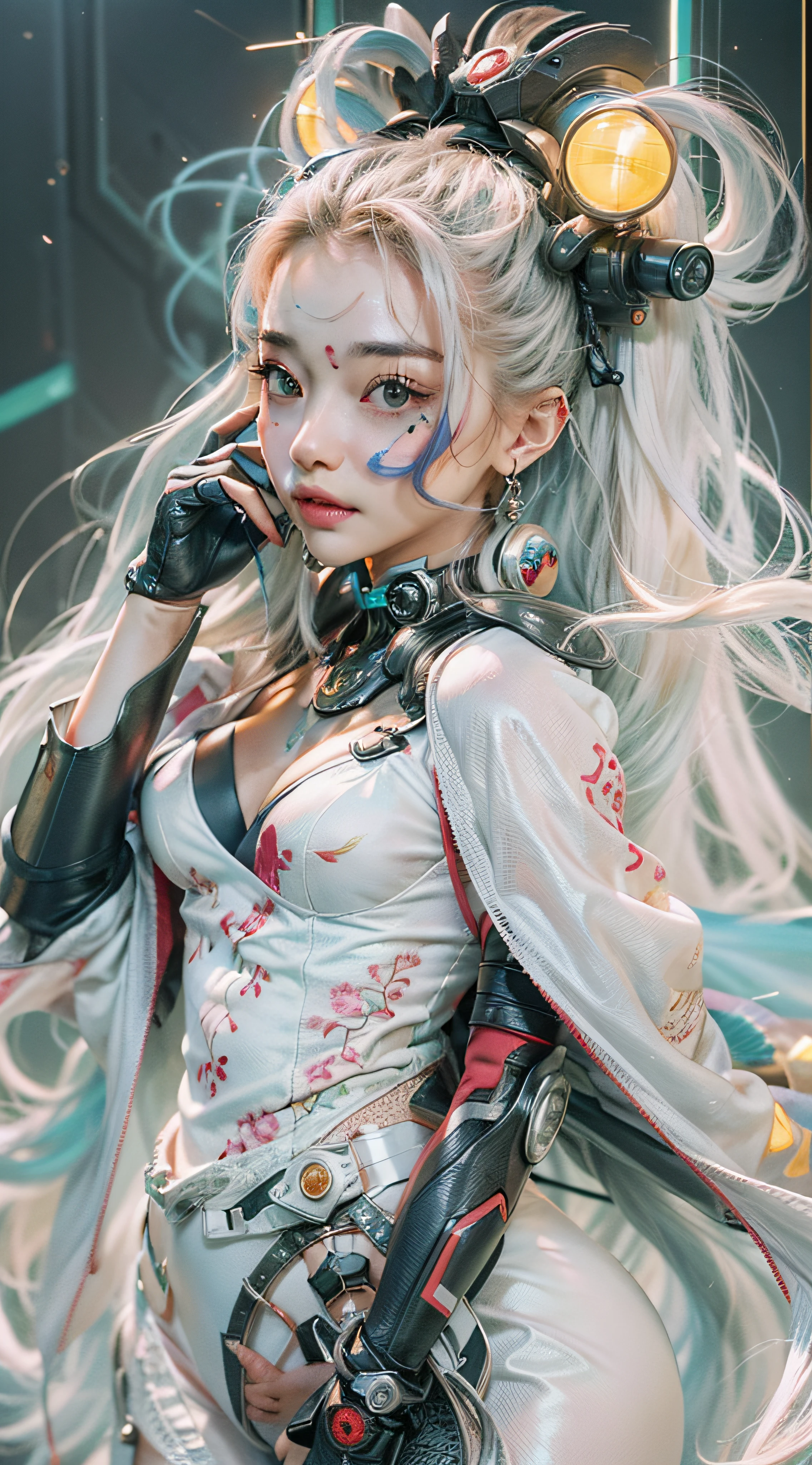 Wide shot, From above, (over distances), ((Ultra-wide angle)), (Wide-angle), Sony FE GM,Grand background,Cyberpunk China,one-girl,Crazy pose,Crazy tension,Cinematic light,Gorgeous background,Colorful background,grin,((cyber punk style,machine arm,Hologram aura,Surreal Science Fiction Art,Future Science Fiction Aesthetics)),(1 girl solo), ((full body shot shot)), (Determined eyes),(Ancient Chinese clothes,White cheongsam,Embroidered collar Uesugi,White large-sleeved shirt,Streamers),(Hairpins,cabelos preto e longos, arma),(Hanfu),(Clear facial features,detailed skin textures,beauitful face), 耳Nipple Ring,Yellow skin,(tmasterpiece,top Quority,best qualtiy),(((flatcolors))),