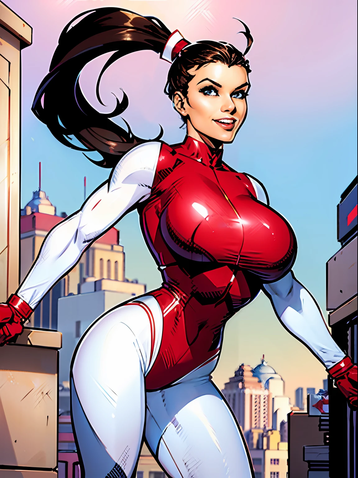 Stretcher comic book woman, happy, smiling, long hair, huge ponytail, slim, thin, athletic, womanly, rubbery, elastic woman, white and red spandex, rubber body, brunette, ((huge breasts)), city street, daytime, heroic, cheerful,