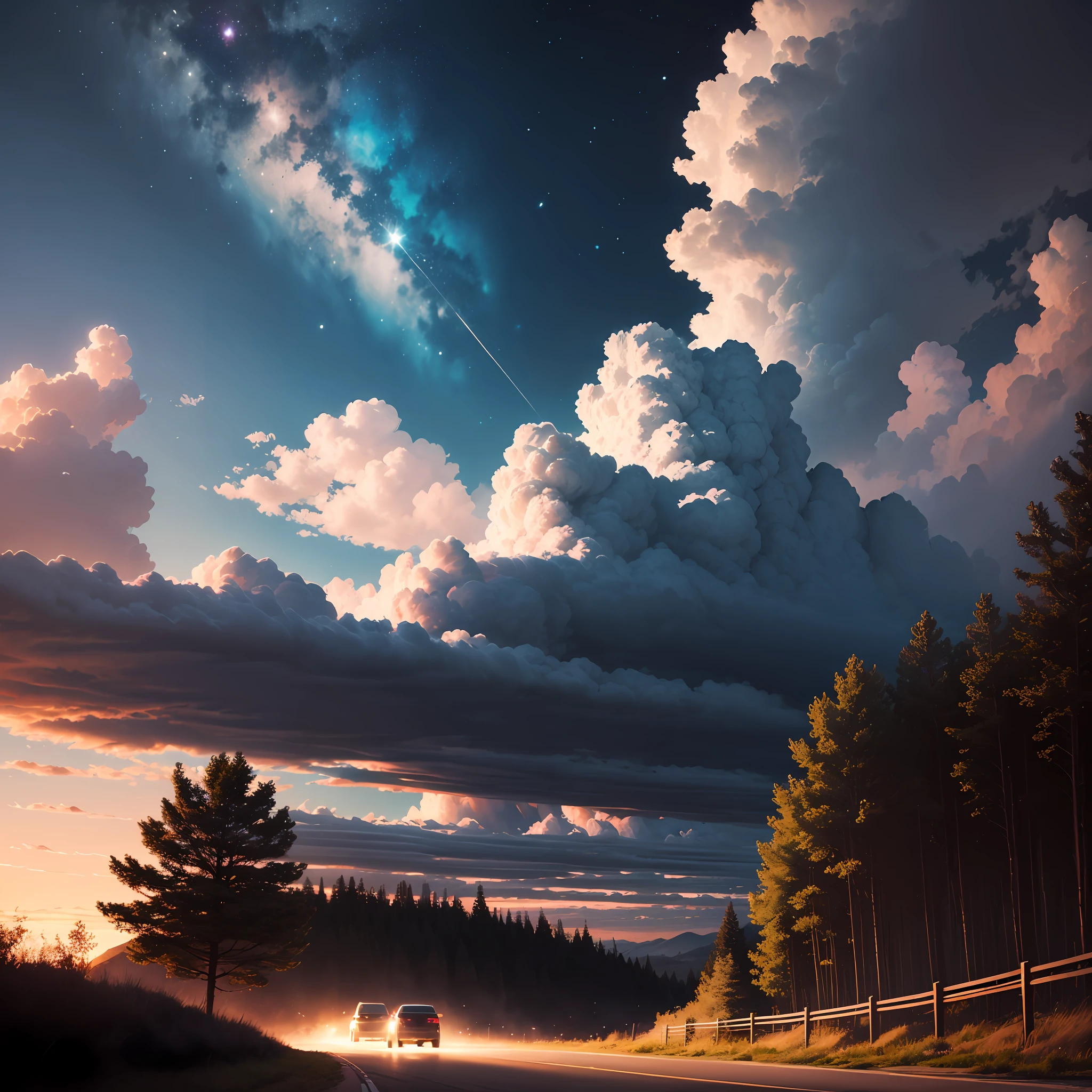 Night-time road trip, moonlit sky, fantastic clouds, surreal, magical, romantic wanderlust, daydream, blissful, crush girl. --auto