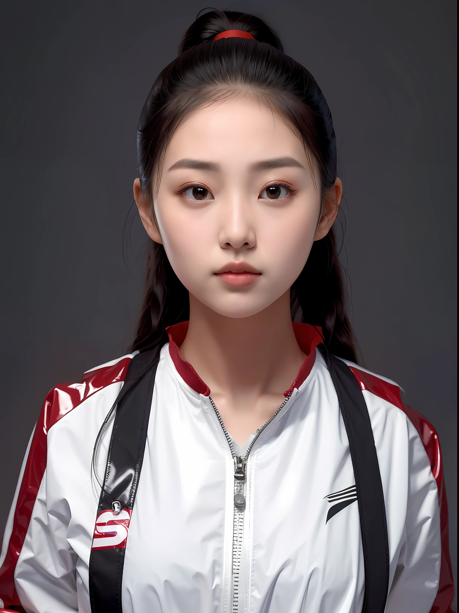 chinese school girl,Wearing PVC red tracksuits