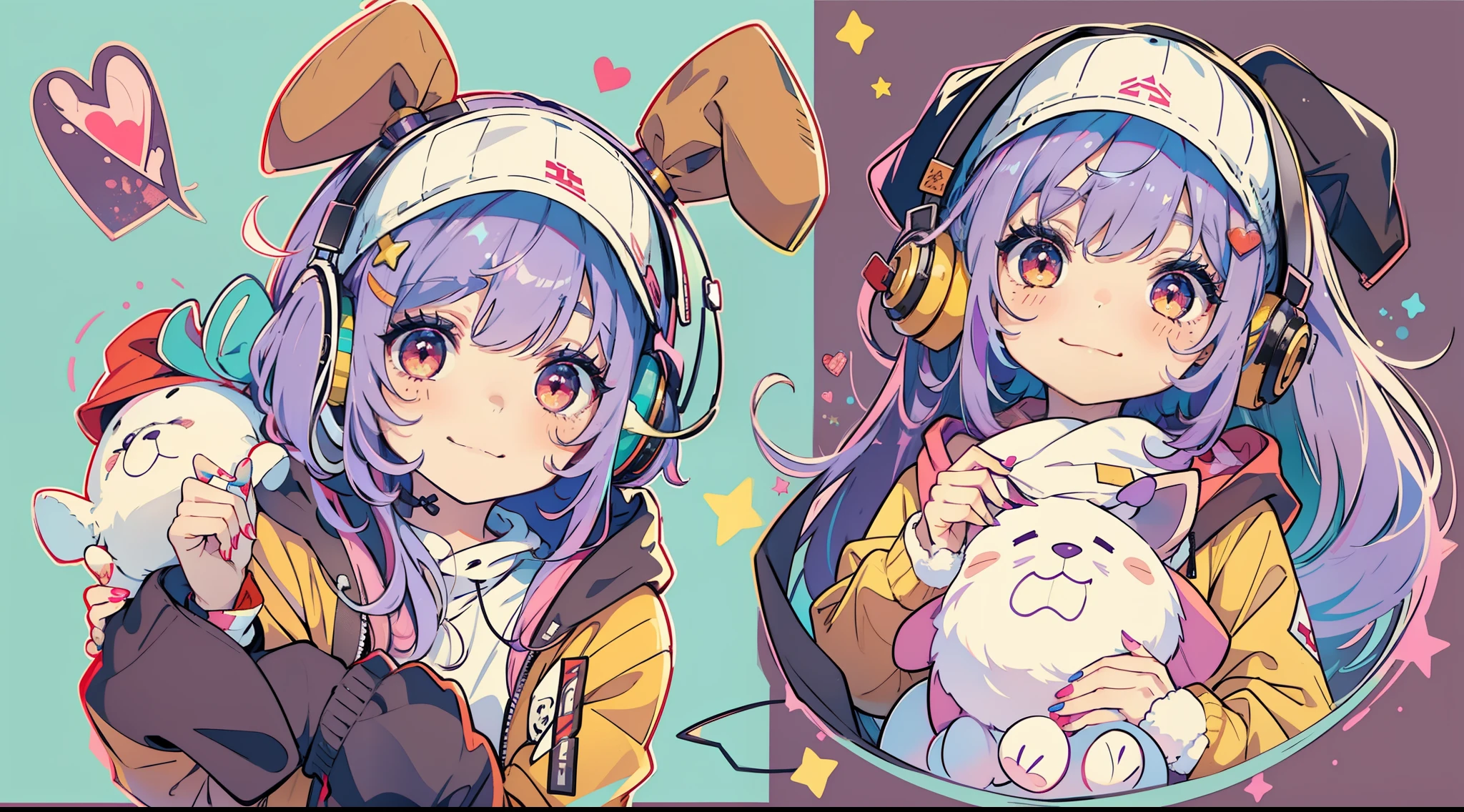 1girl, teddy bear, baseball cap, hat, solo, stuffed animal, stuffed toy, smile, long hair, hood down, jacket, hood, headphones, closed mouth, purple hair, long sleeves, fingernails, nail polish, sleeves past wrists, looking at viewer, multicolored eyes, bangs, hooded jacket, yellow nails, red jacket, multicolored nails, hair ornament, object hug, blush, red nails, white headwear, upper body, purple eyes, claw pose, heart, black headwear, hand up, bow, hoodie, hairclip, nail art, button badge, very long hair, hair between eyes, orange nails, puffy long sleeves, puffy sleeves, black bow, badge, holding, drawstring, red eyes, pink nails, star (symbol), multicolored hair, blue nails, holding stuffed toy, lightning bolt symbol, colorful, looking to the side