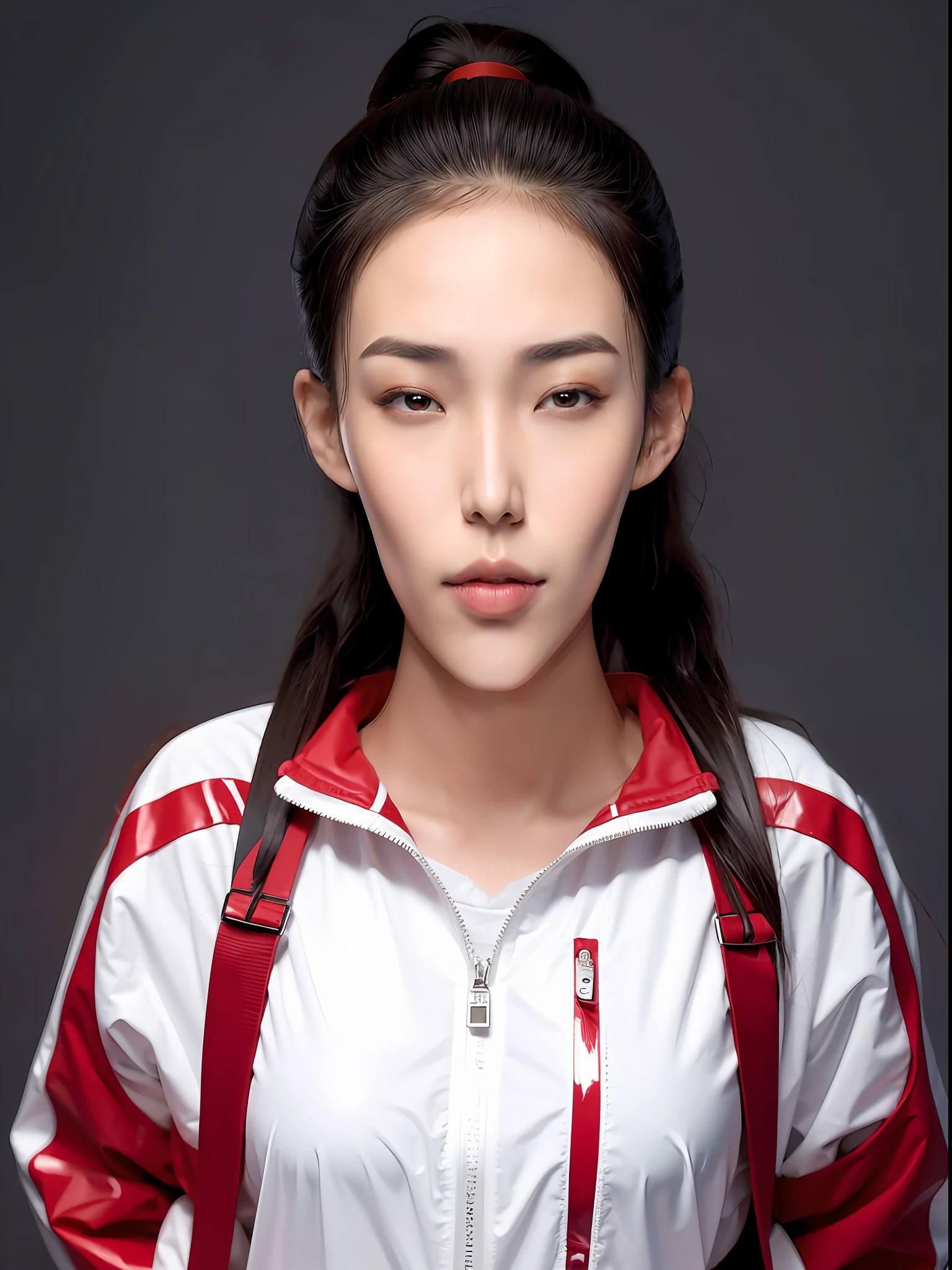 chinese school girl，Wearing PVC red tracksuits