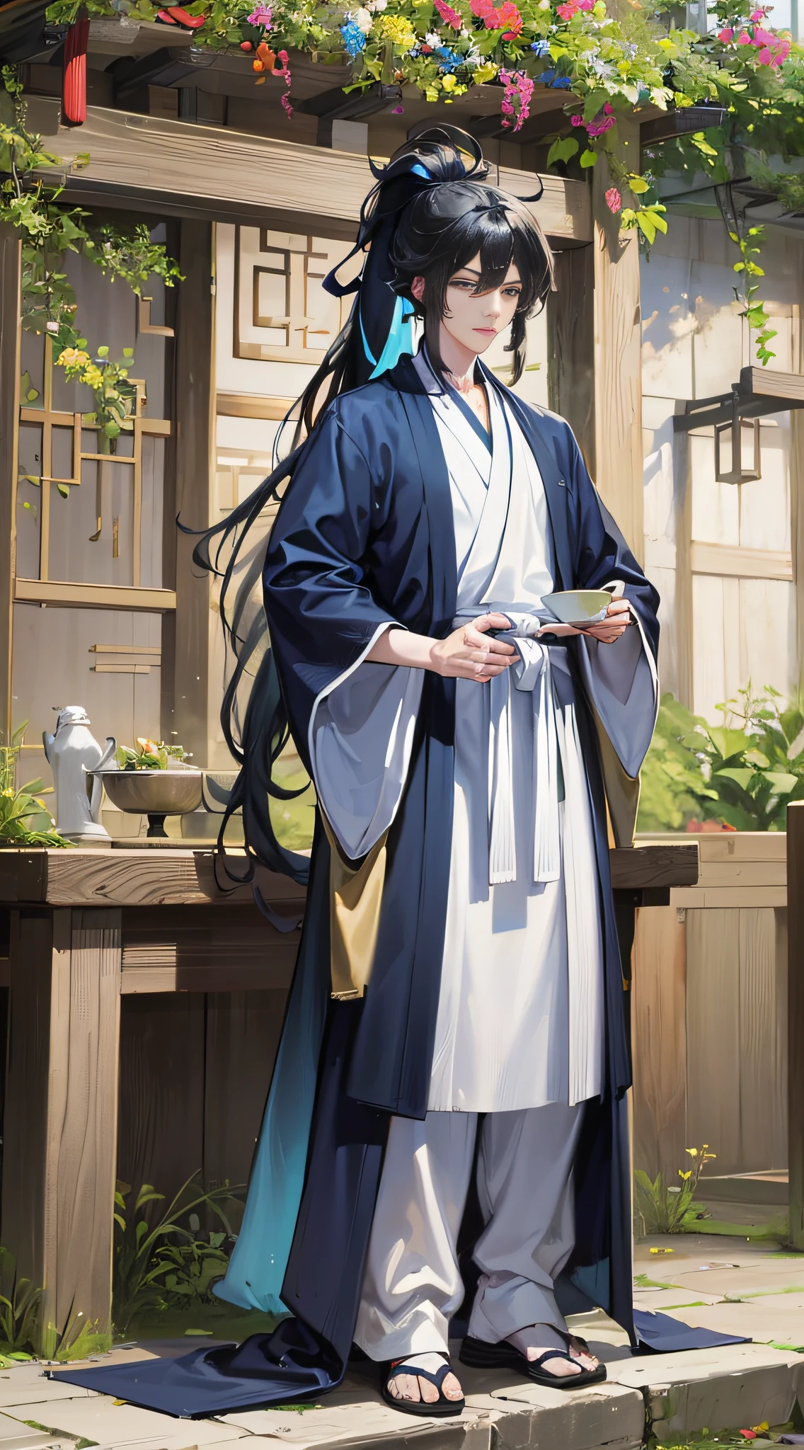 Masterpiece, Superb Style, Two Men, Chinese Style, Ancient Chinese, Black Hair, Gray and Blue Eyes, Split Hair, Long Hair, Long Bangs, High Ponytail, Handsome, Masculine, Gentle, Tall, Quiet, Cyan Robe, Outdoor, Wind Comfort, Young Man, Sad, Posture, (Hanfu, Ming Style), (Ming Architectural Background)