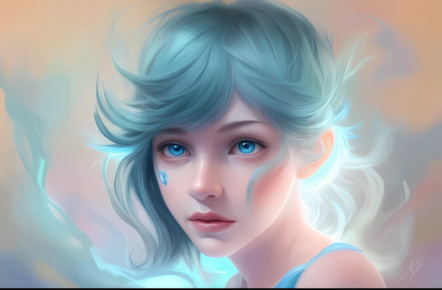 um close up de uma menina com cabelo azul e uma flor azul, retrato da fantasia, retrato bonito da arte da fantasia, retrato da arte da fantasia, retrato bonito da fantasia, Pintura digital de fantasia, retrato de fantasia fosco detalhado, arte de fantasia digital 2d, retrato de fantasia digital, painting digital adorable, lindo pintura digital, exquisite digital illustration, estilo de arte de fantasia, arte digital fantasia arte, arte de fantasia digital )