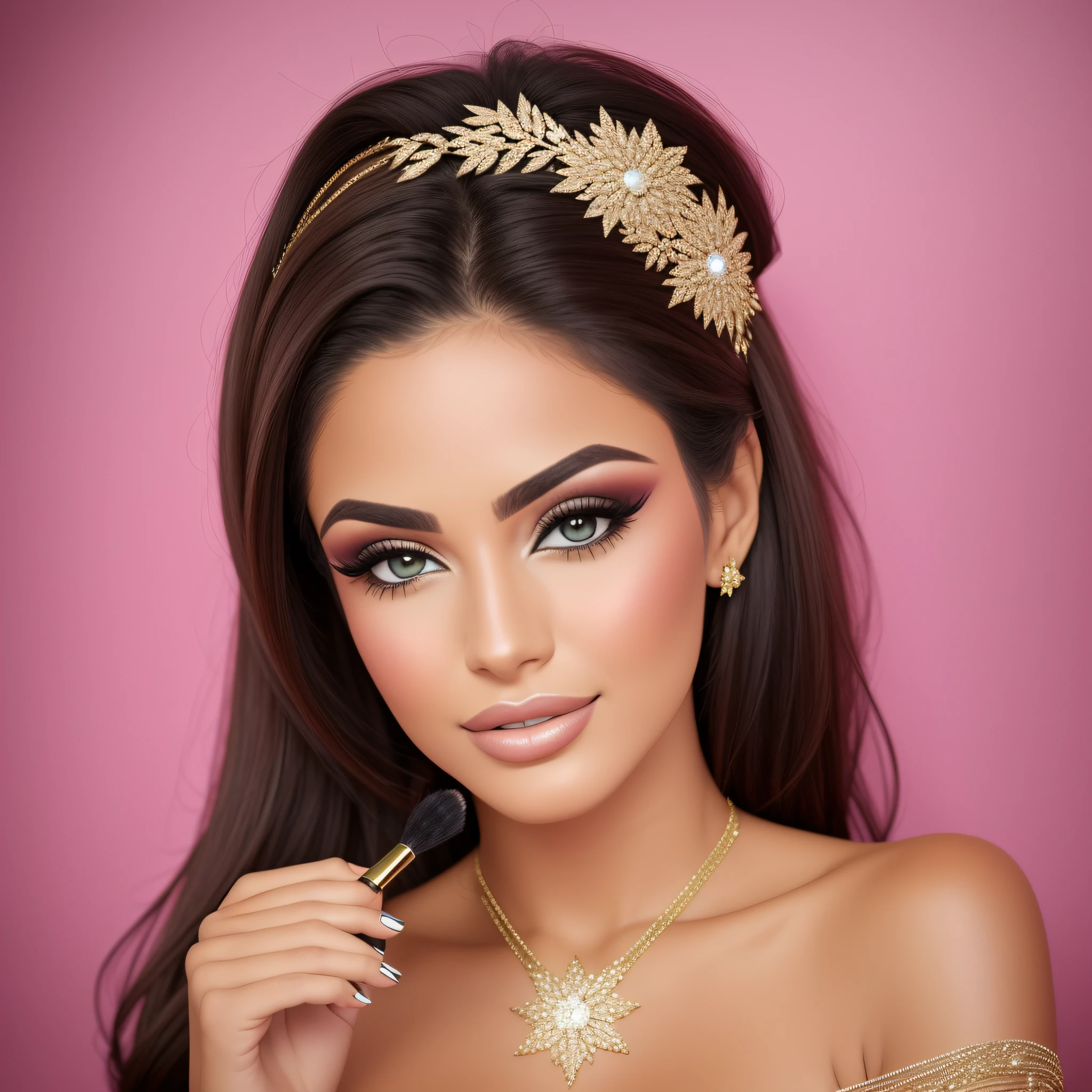 A realistic, beautiful, Brazilian woman holding makeup