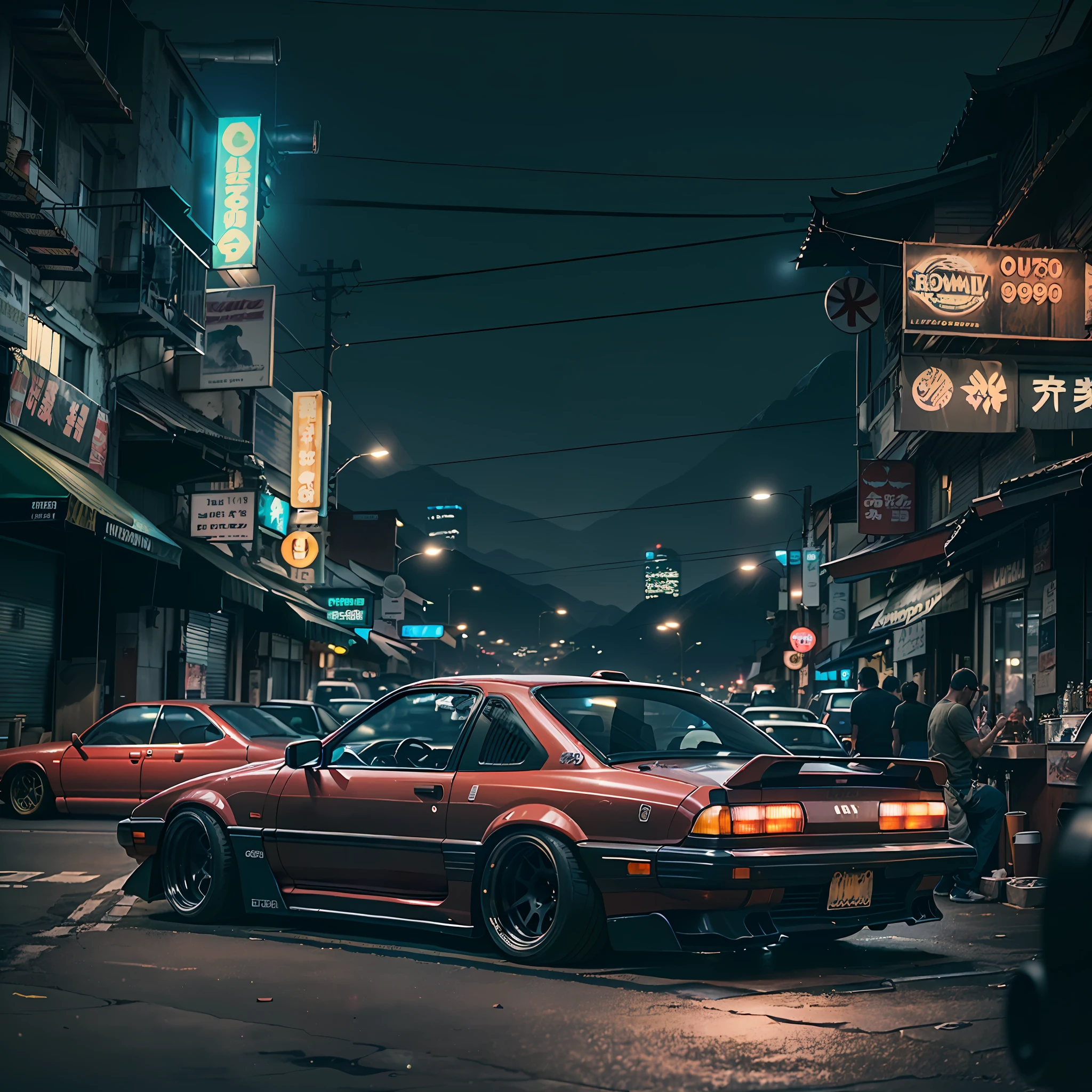 (1990s VHS style:1.2, caught on camera, illegal car meet, somewhere in Asia, mountains, gritty, dark color,LUT filter), major city , night , resto mod , retro futuristic , mildly modern , midnight , cars are 90's inspired , skyline , supra , rx7 , custom , modified . Near a bar