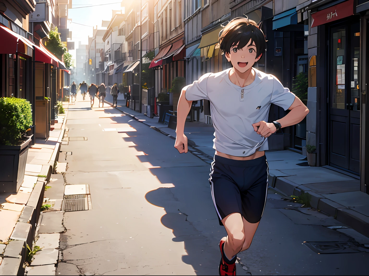 (Outside the door, the protagonist runs excitedly for 100 laps and takes off his pants to celebrate. The surroundings are quiet streets, bathed in sunlight, with pedestrians passing by in the distance: 1.9)
(Excited and energetic: 1.9)
(Quiet street: 1.8)
(Sunlit environment: 1.8)