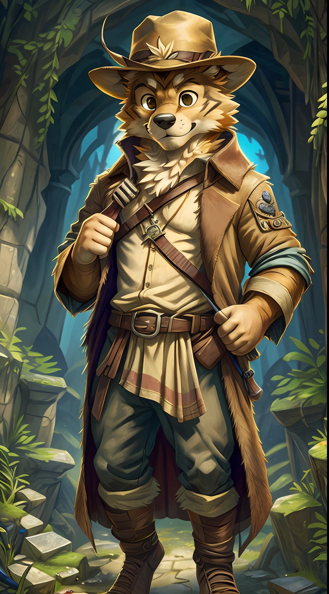 Top Quality, Best Quality, High-quality illustrations by Michelangelo, Johannes Vermeer, Masterpiece, Super High Resolution, Detailed background, Old ruins, Dungeons, The series "Indiana Jones"(Highly Detailed Beautiful Face and Eyes)absurdress, perfect anatomy(Handsome 1boy, kemono, Solo Focus, adventurer, Archaeologist)(Furry)(furry anthro:1.7)(furry body, Dog's facial features, Features of the dog's body)(very detailed body fur)full - body, Dirty coat and hat, Fairytale background, higly detailed, hight resolution, 16k