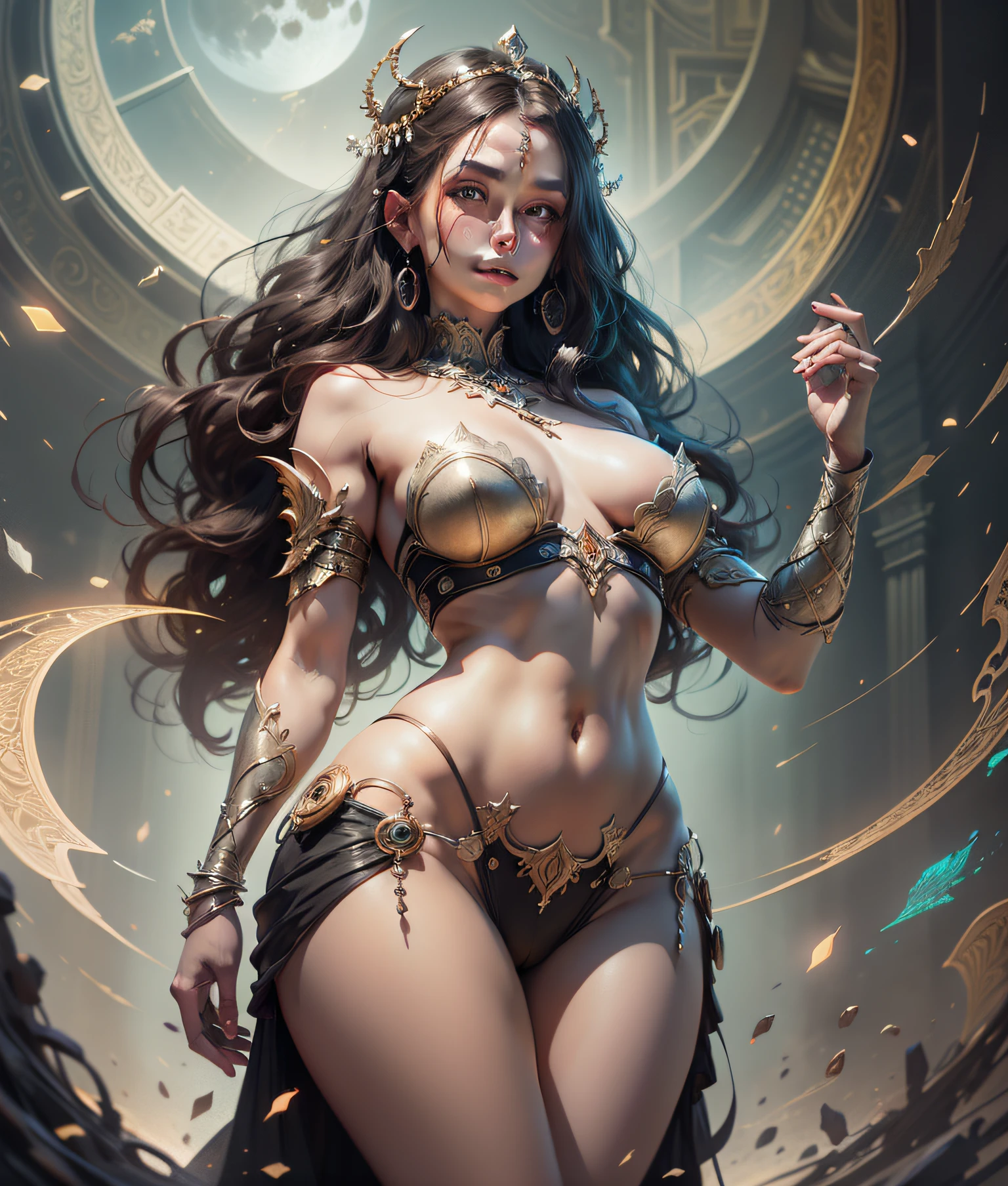 full body, masterpiece, best quality, (extremely detailed unity 8k CG wallpaper), (best quality), (best illustration), (best shadow), absurdities, realistic lighting, night, darkness, giant, Goddess, Ancient Goddess, Aphrodite, deity, glorious pose, night, moon, beautiful detailed brightness, luminous background glow,A masterpiece ultrarealistic ultra detailed full body portrait of a very beautiful Barbarian girl, massurrealism. medium shot, intricate, elegant, sexy, revealing, by stanley artgerm lau, wlop, rossdraws, james jean, andrei riabovitchev, marc simonetti, light by julie bell, ismail inceoglu, porcelain skin. global illumination.
