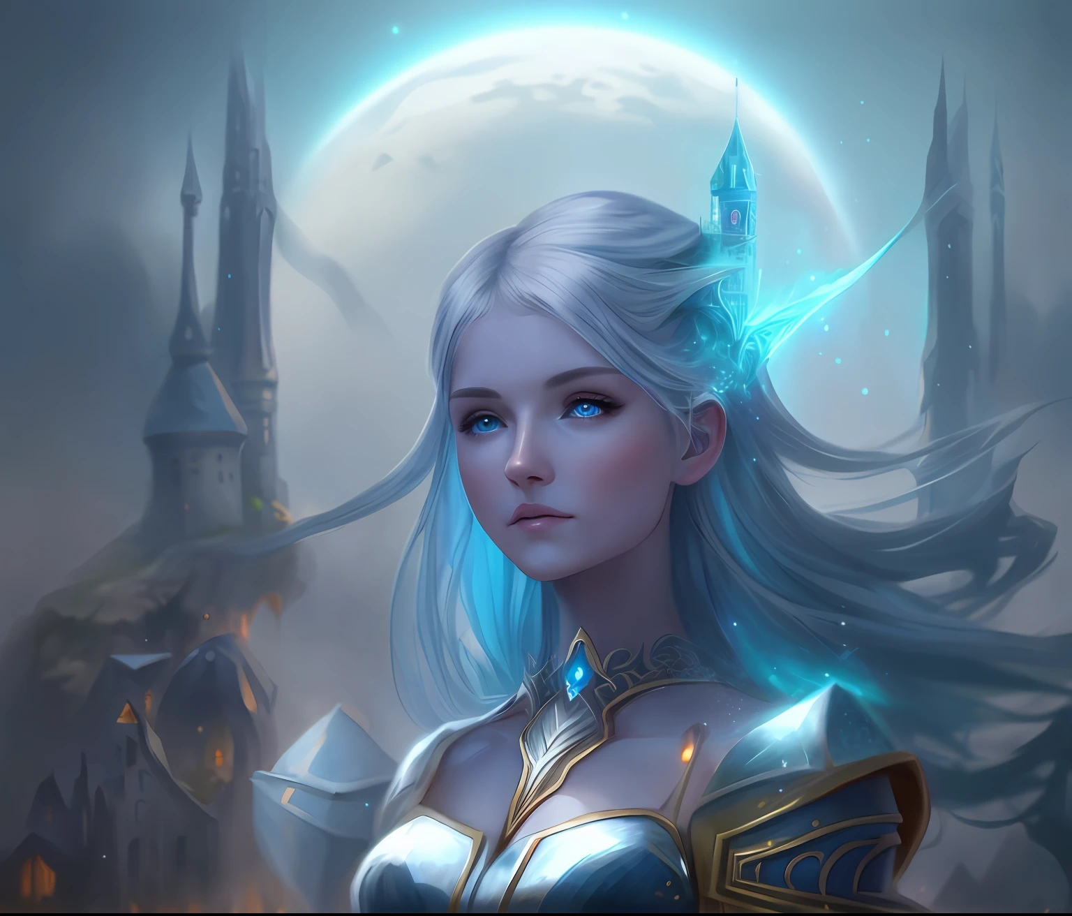 um close up de uma mulher com um cabelo azul e um castelo ao fundo, estilo de arte de fantasia, arte de fantasia digital 2d, epic fantasy HD art style, retrato de arte conceito de fantasia, arte de fantasia digital 2d detalhada, 2. 5 d cgi anime fantasia arte, arte digital de fantasia detalhada, Epic Fantasy Digital Art Style, portrait knights of zodiac girl