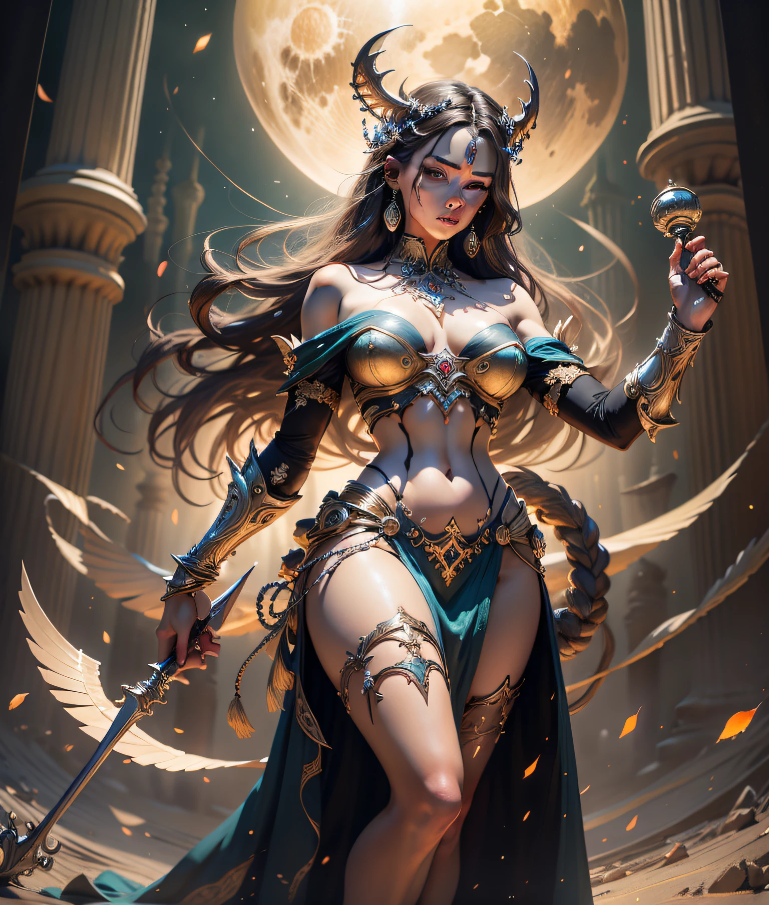 full body, masterpiece, best quality, (extremely detailed unity 8k CG wallpaper), (best quality), (best illustration), (best shadow), absurdities, realistic lighting, night, darkness, giant, Goddess, Ancient Goddess, Aphrodite, deity, glorious pose, night, moon, beautiful detailed brightness, luminous background glow,A masterpiece ultrarealistic ultra detailed full body portrait of a very beautiful Barbarian girl, massurrealism. medium shot, intricate, elegant, sexy, revealing, by stanley artgerm lau, wlop, rossdraws, james jean, andrei riabovitchev, marc simonetti, light by julie bell, ismail inceoglu, porcelain skin. global illumination.