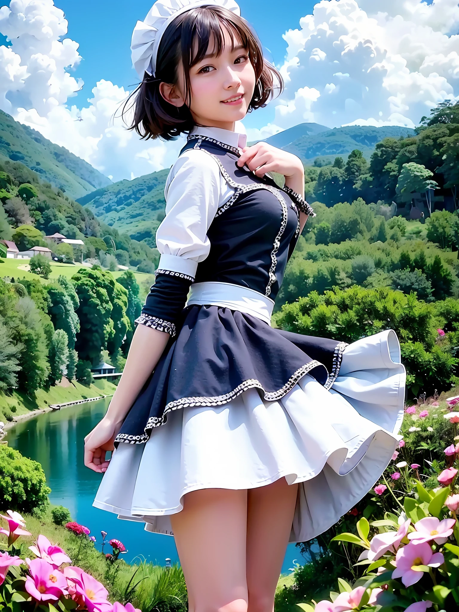 (dynamicposes:1.4), (dynamic ungle:1.4), Romper (细致背景:1.4)、hyper detailed background、(Floating light blue clouds:1.4)、(Floating blue flowers:1.4)、 Romper (perfect anatomia、perfect hand:1.4)、(Perfect five fingers:1.4)、(Perfect 4 long fingers and perfect short thumb:1.4)、(Thumb shorter than the other 4 fingers:1.4)、(Perfect two arms:1.4)、(Perfect two legs:1.4)、((top-quality、8K、masterpiece:1.3))、1girl in、A smile、full body Esbian、Slim Faces、Pretty women、(dark brown hair)、hyperdetailed face、A detailed eye、二重まぶた、blured background、Slim Faces、Cute、extremely delicate and beautiful girl、Happy smiling face、Overall、ultra-detailliert、masutepiece、small mouth、Colossal tits、maid clothes、bob cuts、long boots、ultra-detailliert、masutepiece、Smile、small mouth、low angles、(pantyshot:1.1)、(skirt rift)、(skirt lift by yourself)、from back view、Look back with a sideways glance
